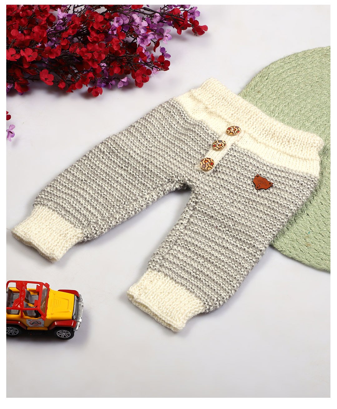 Shilpshakti Handmade Skin Fit Woollen Elastic Button Detailed Pant - Light Grey & Cream-image-47