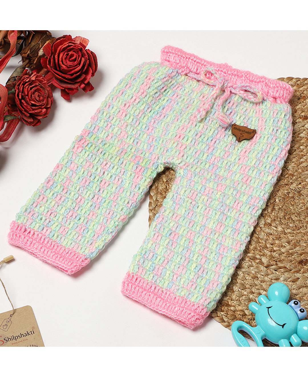 Shilpshakti Colour Block Handmade Woollen Elastic And Drawstring Pant - Multi Colour & Pink-image-7