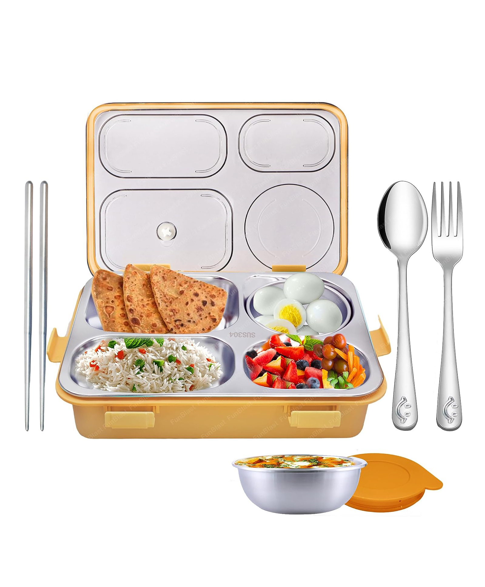 FunBlast 4 Compartment Lunch Box with Bowl Spoon Fork & Chopsticks -Yellow-image-15