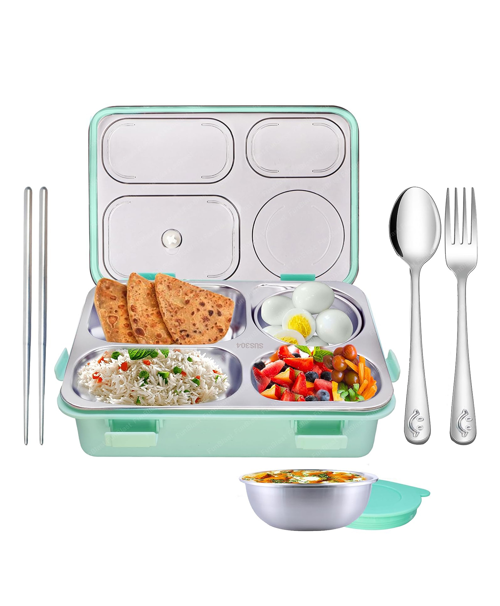 FunBlast 4 Compartment Lunch Box with Bowl Spoon Fork & Chopsticks -Green-image-49