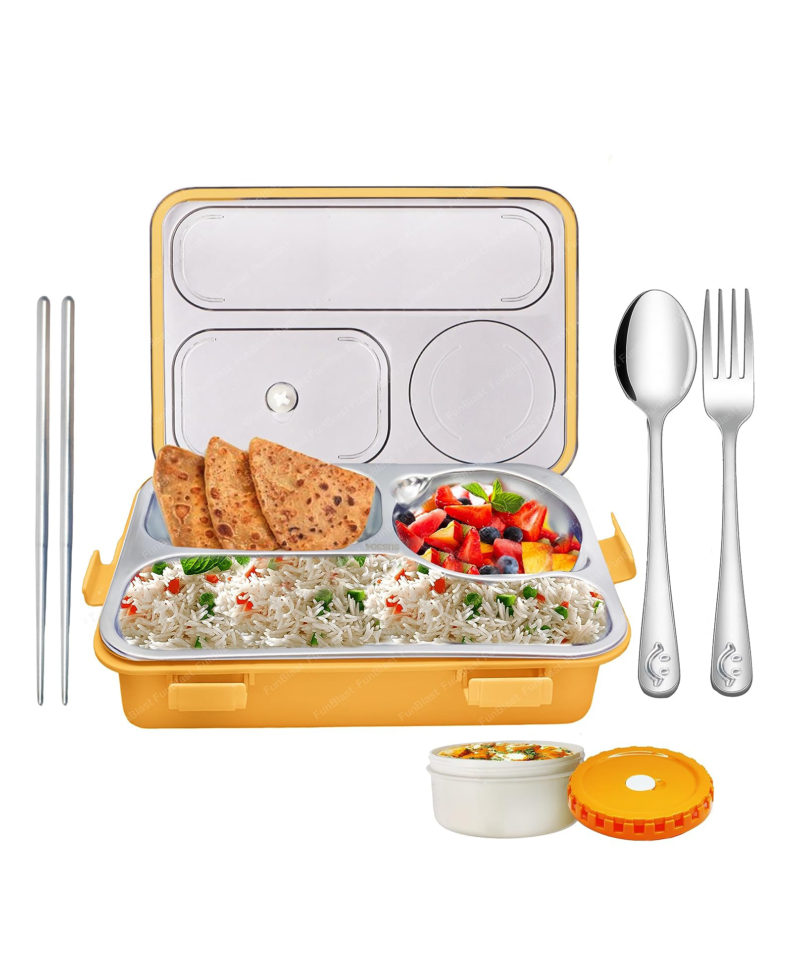 FunBlast 4 Compartment Lunch Box with Bowl Spoon Fork & Chopsticks -Yellow-image-32