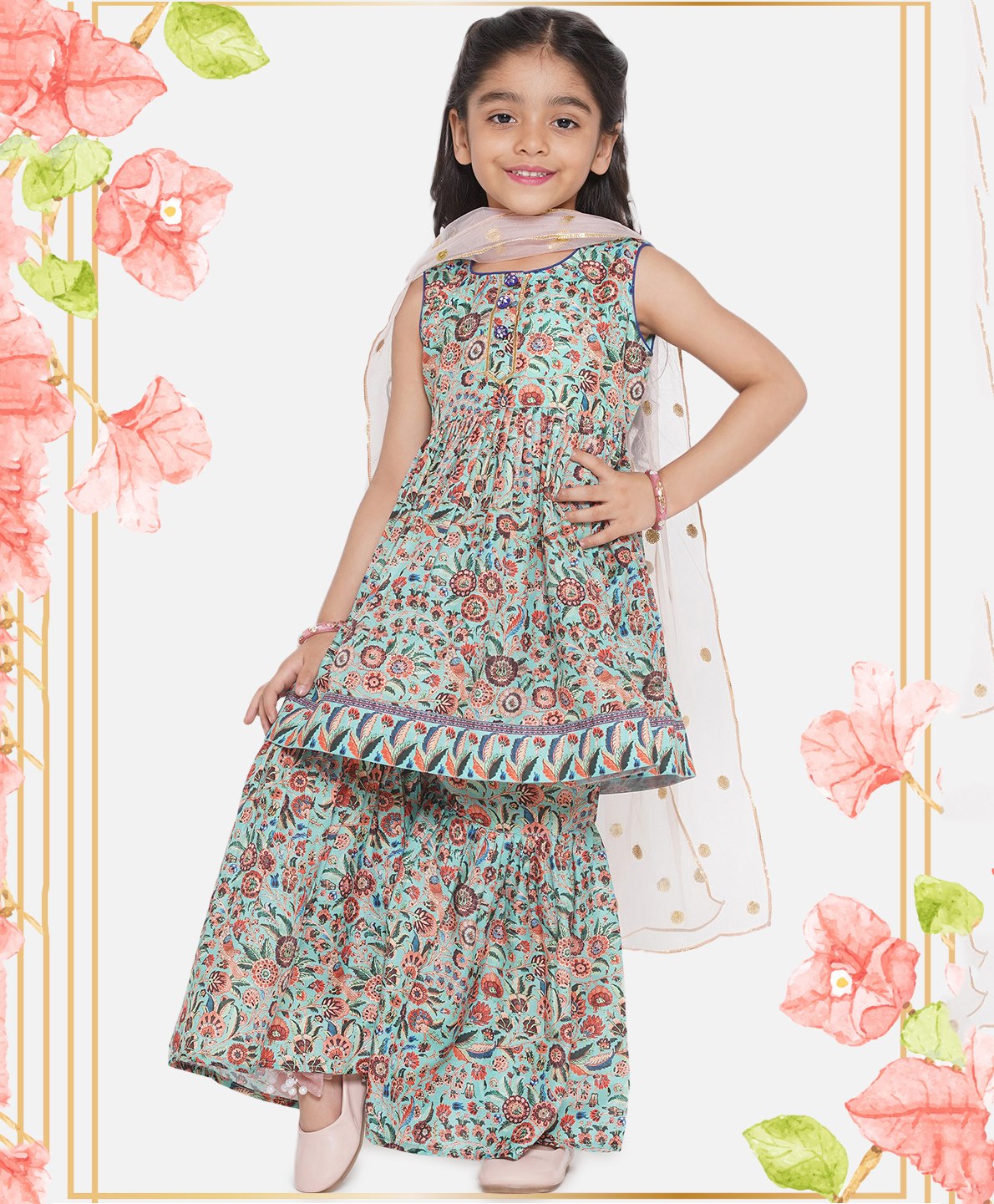 Little Bansi Sleeveless Floral Printed Kurta With  Sharara & Dupatta - Green-image-43