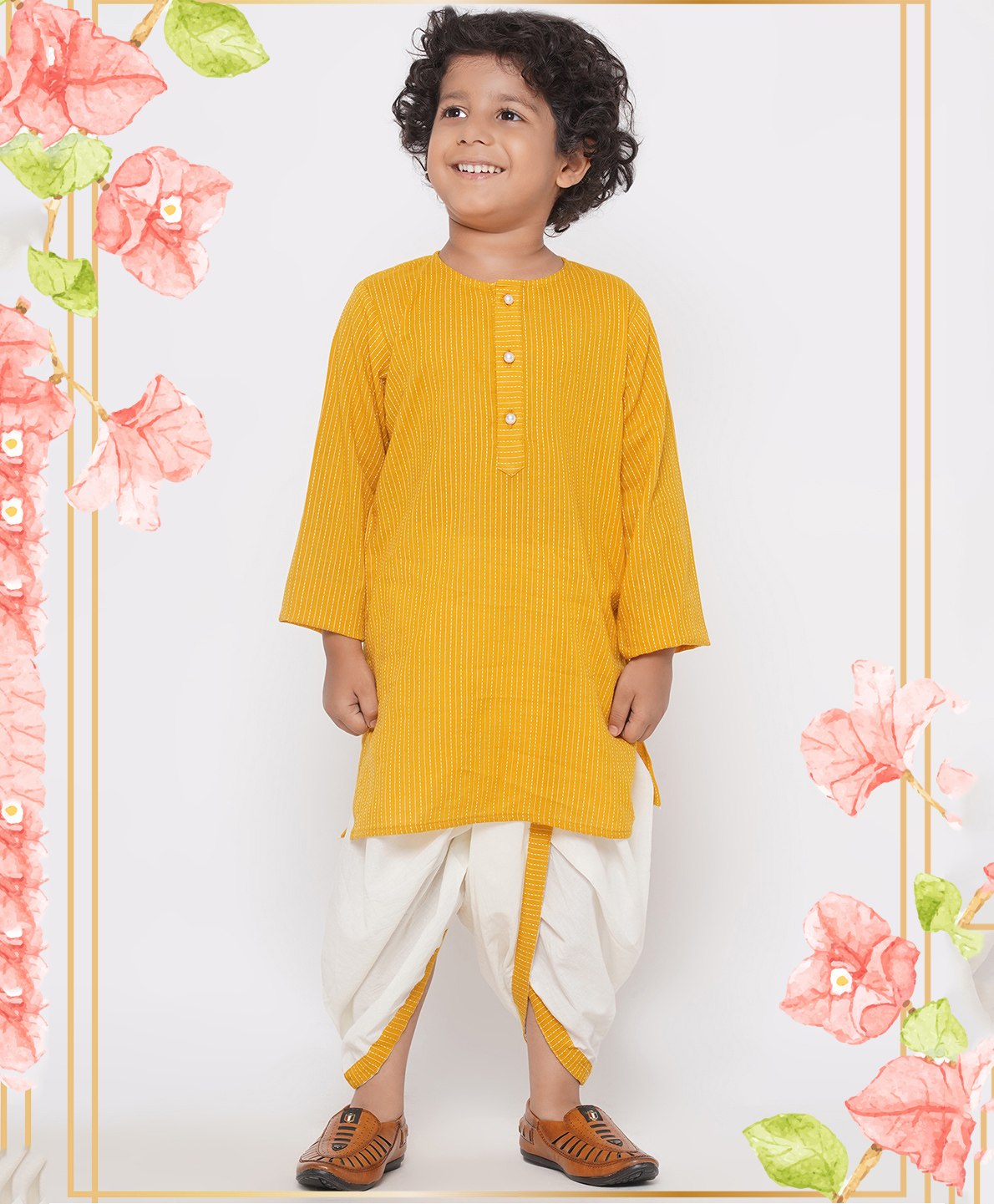 Little Bansi Full Sleeves Hairline Striped Embroidered Kurta With Dhoti - Mustard Yellow-image-46