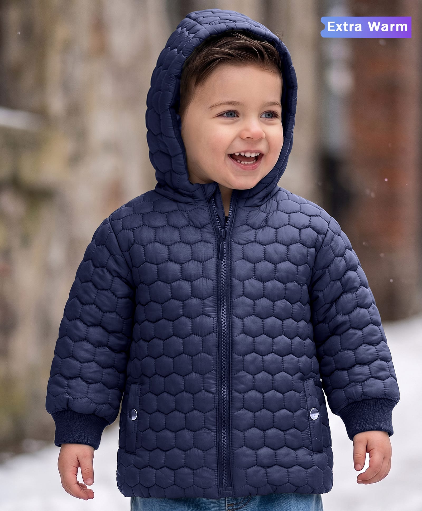 Babyoye Textured Full Sleeves  Hooded Jacket - Navy Blue-image-0
