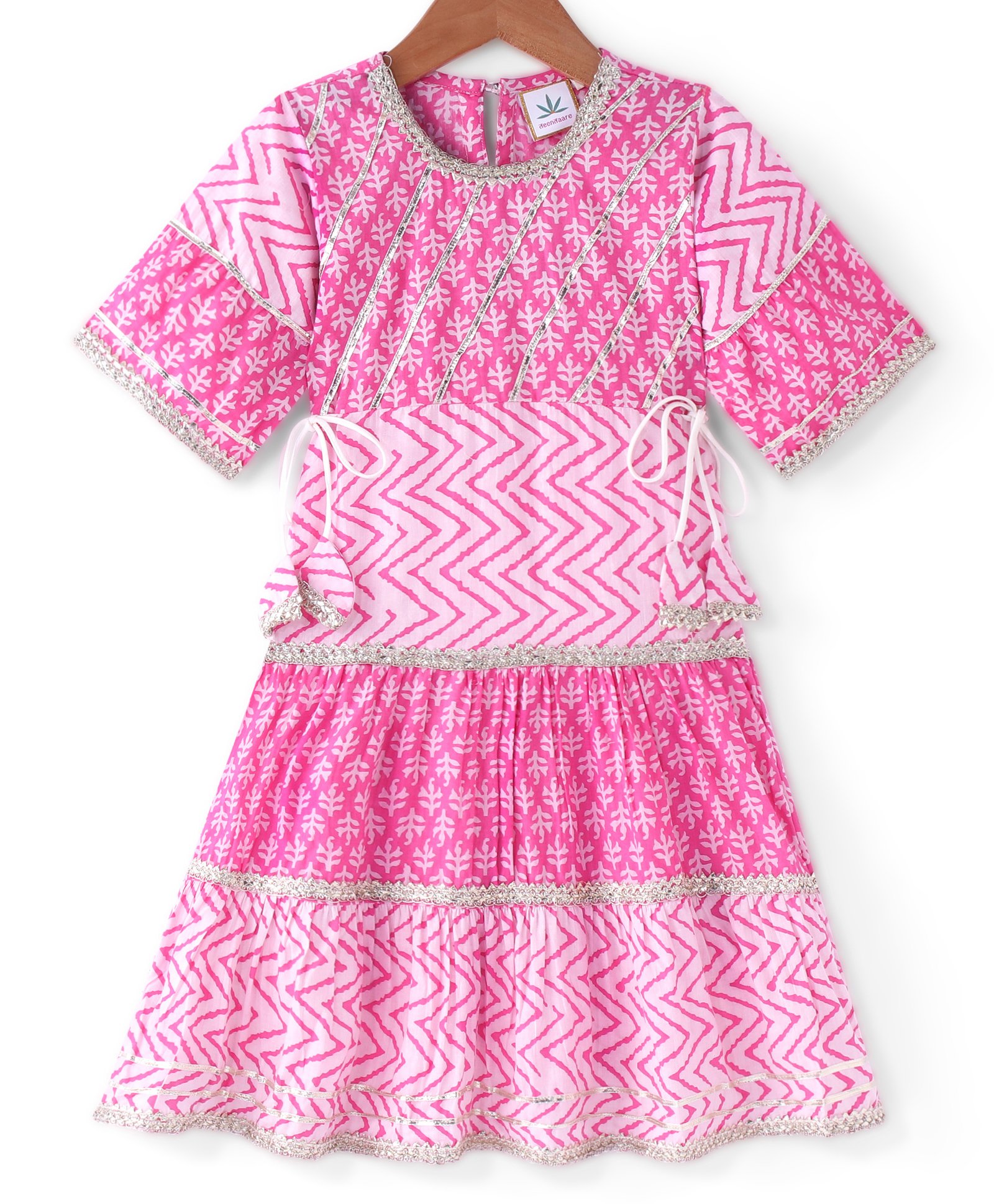 Teentaare Cotton Three Fourth Sleeves Ethnic Dress with Lace Detailing - Pink-image-49