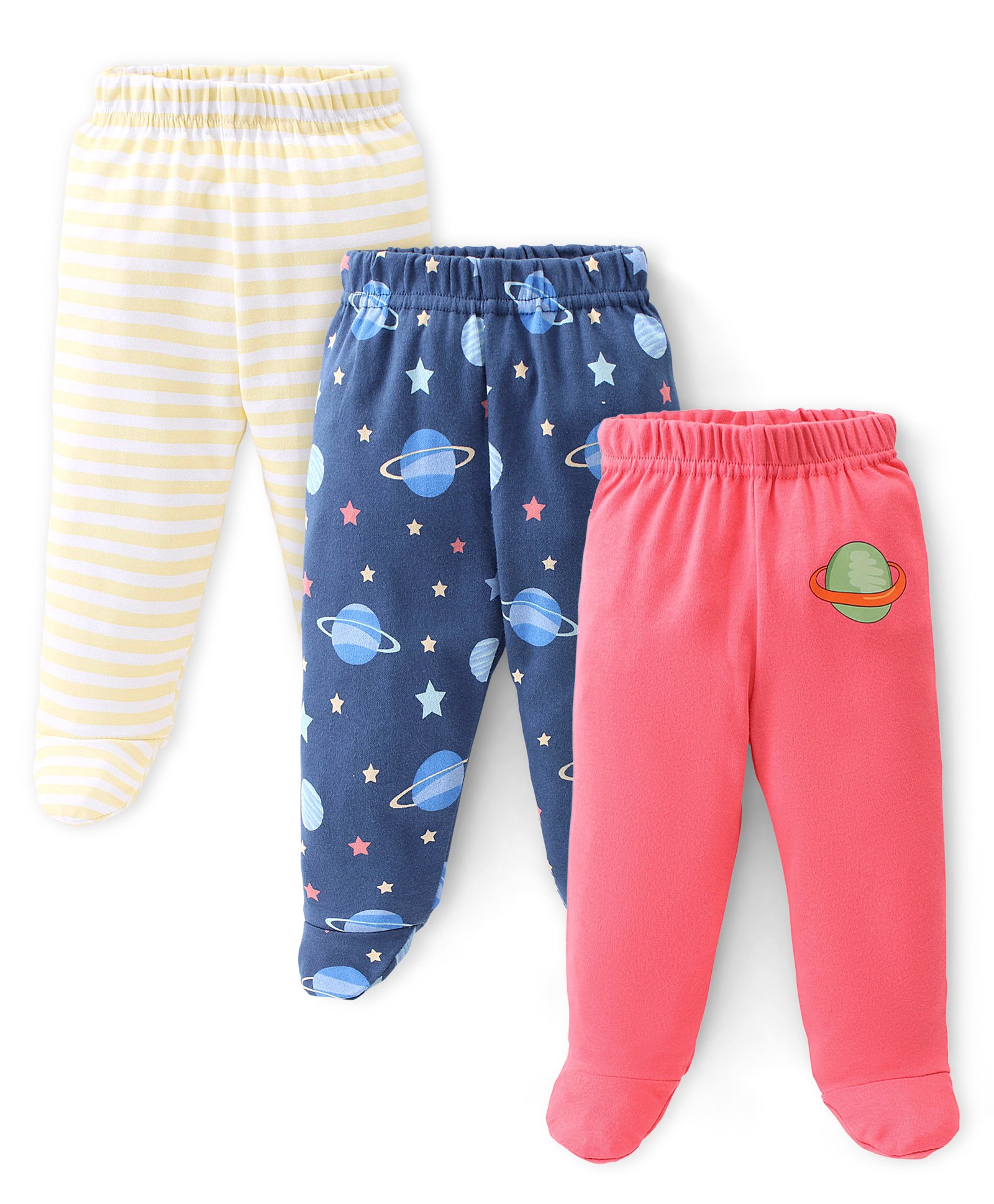 Babyhug Cotton Knit Solid Colour & Planets Printed Bootie Pants Pack of 3 - Multicolour-picture-26