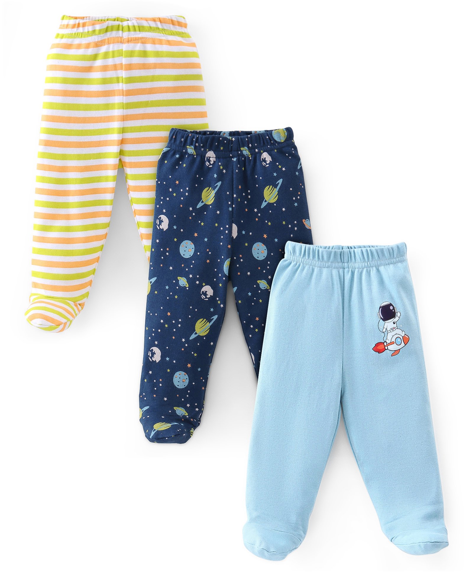 Babyhug Cotton Knit Interlock Booties Pant Striped & Astronaut Print Pack of 3 - Yellow & Blue-picture-23