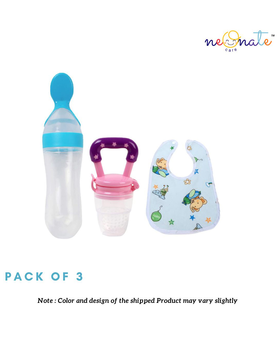 NeonateCare Baby Fruit Feeder Pacifier (1 Pcs) with 1 PCS Silicone Baby Food Dispensing Spoon feeder and 1 pcs Baby bib ( Fruit Feeder -  spoon feeder -  Bib) - Multicolor ( color and design may vary)-picture-1