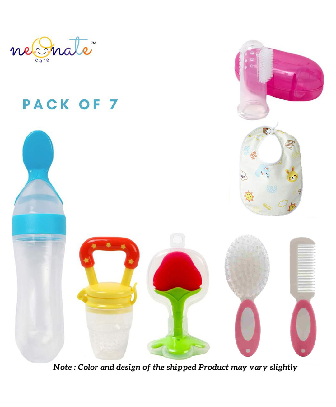NeonateCare Baby Fruit Feeder Spoon Feeder Fruit Teether Finger Brush Baby bibs Hair Brush( 1pcs each) (Bibs - Fruit Feeder - Brush - Spoon feeder - fruit teether - hair Brush comb) - Multicolor ( color and design may vary)-image-24