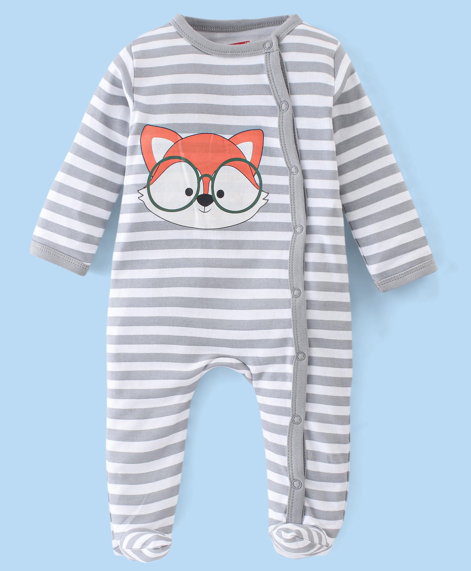 Babyhug Cotton Interlock Knit Full Sleeves Footed Sleep Suit Stripes & Fox Print - White & Grey-image-39