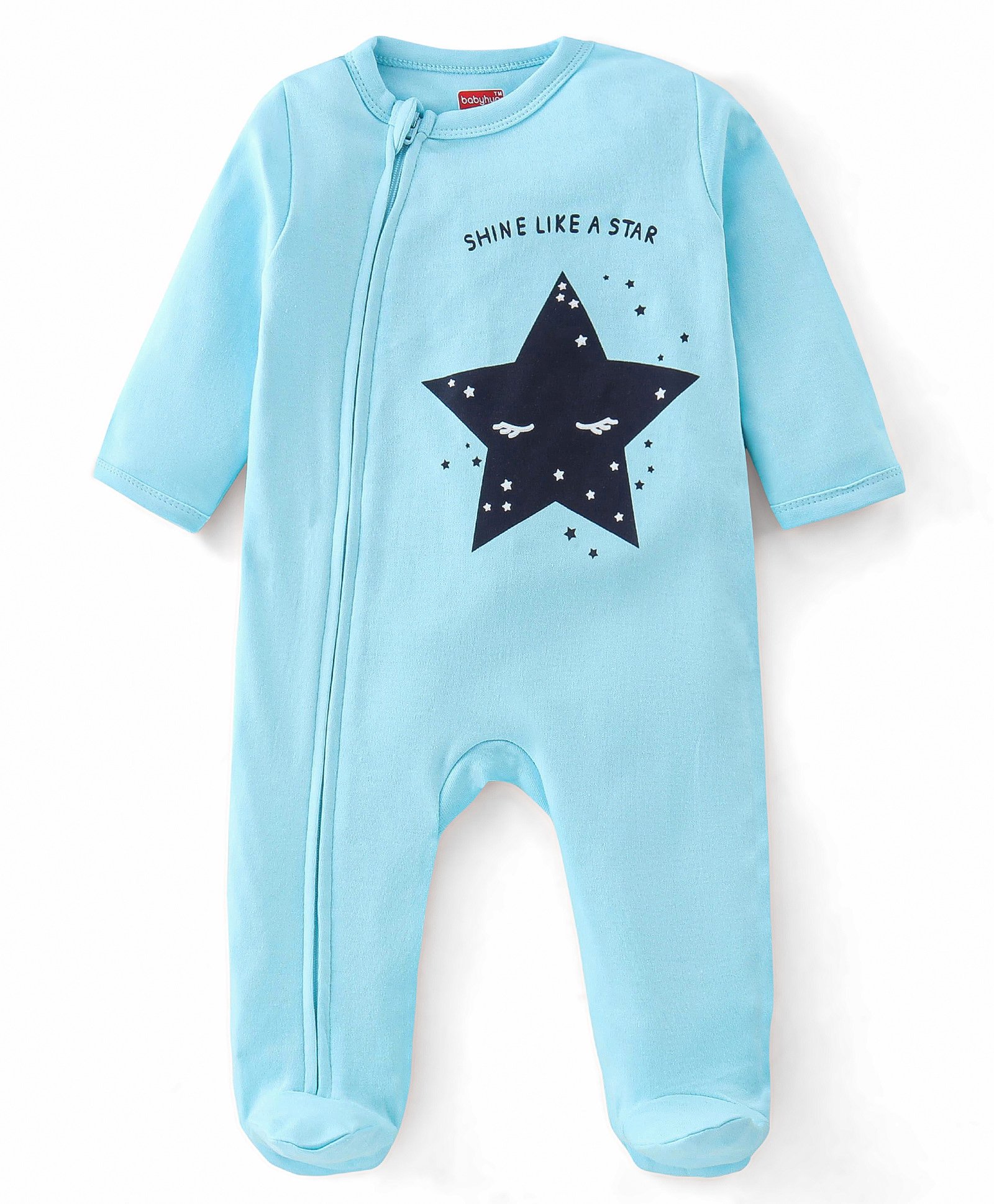 Babyhug Cotton Interlock Knit Full Sleeves Sleepsuit Star Print - Blue-image-8