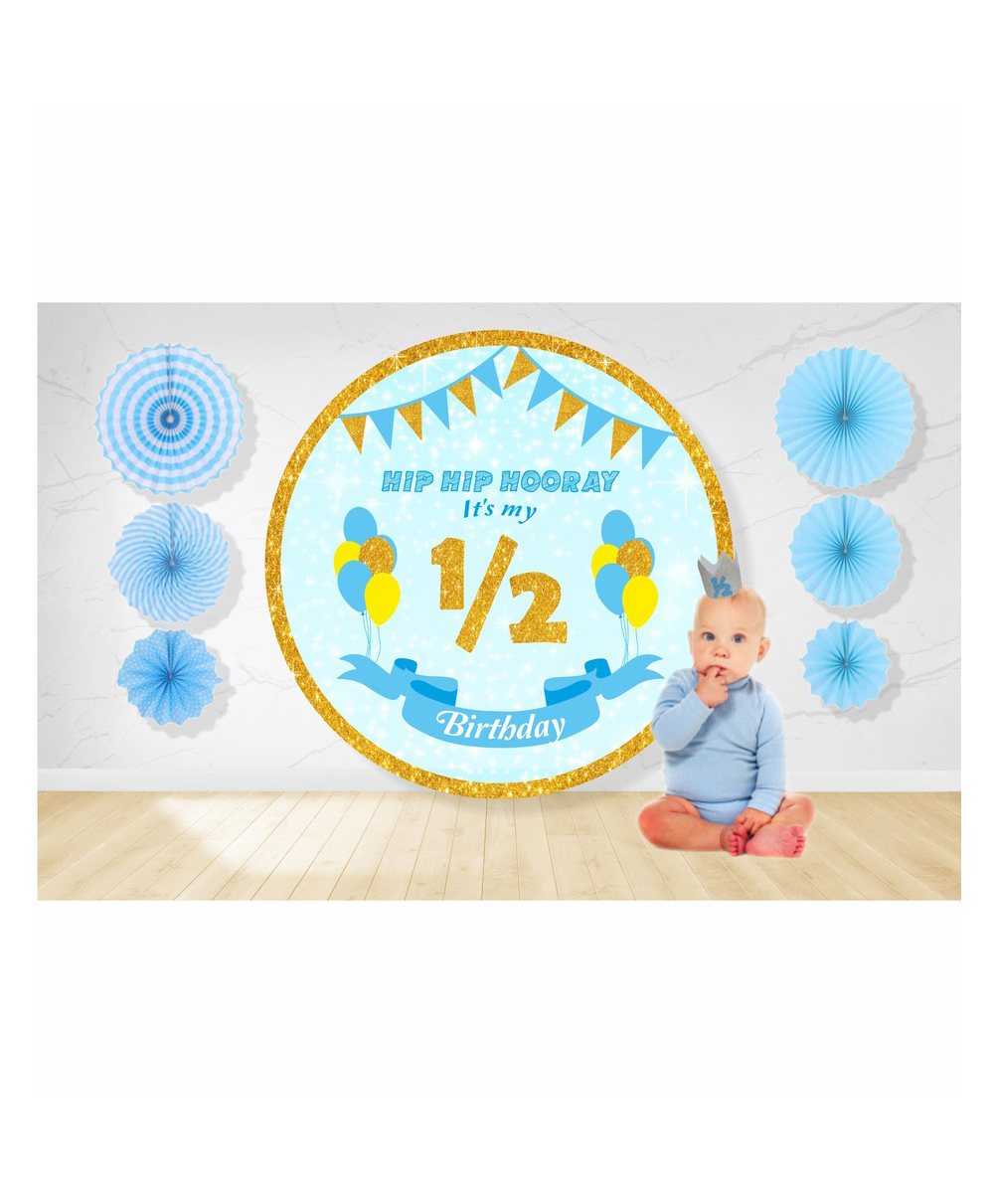 Untumble Blue Half Birthday Backdrop and Paper Fan Kit for Baby Boys & Girls - Pack of 8