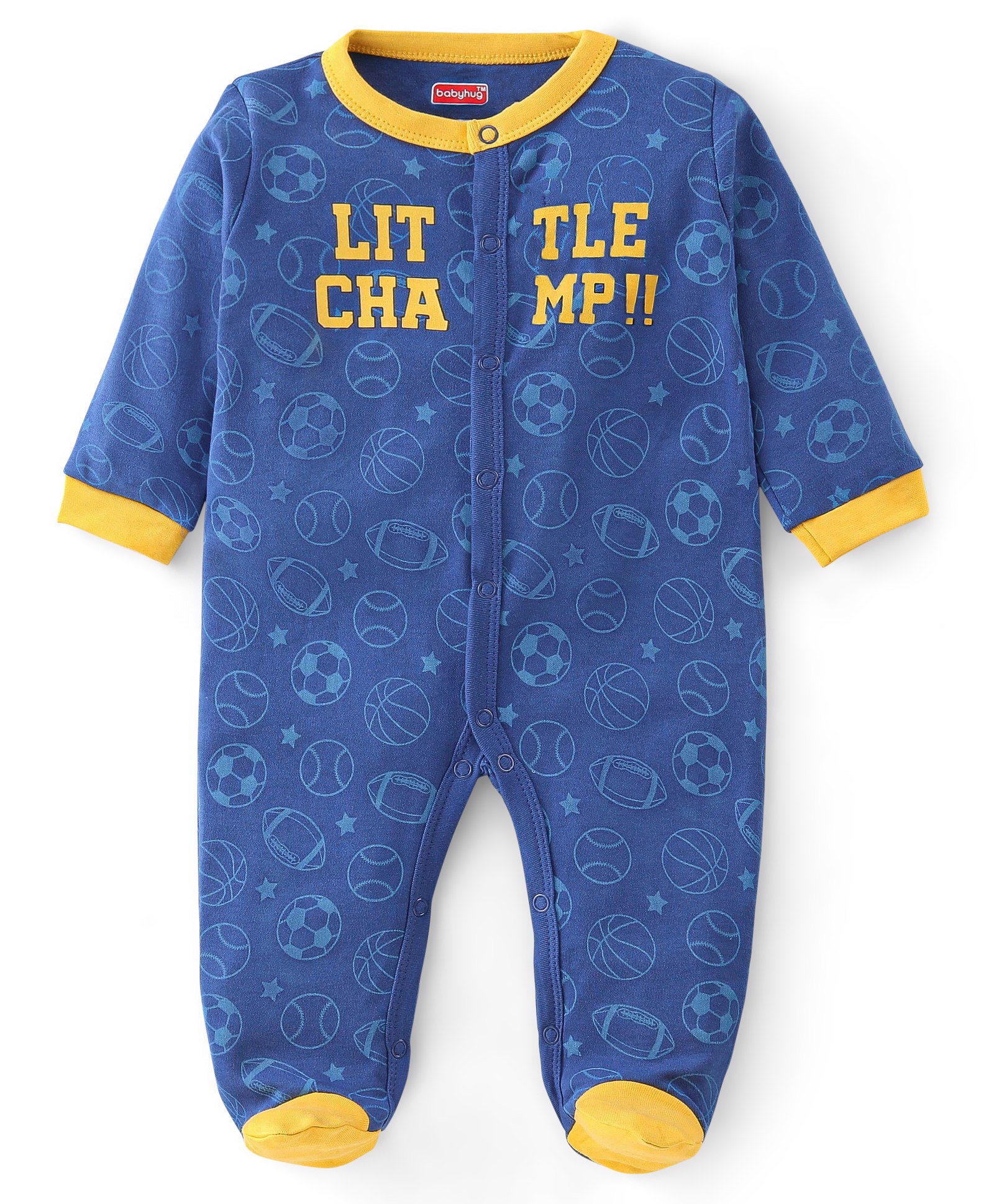 Babyhug Cotton Interlock Knit Full Sleeves Sleepsuit Ball Print - Navy Blue & Yellow-image-12