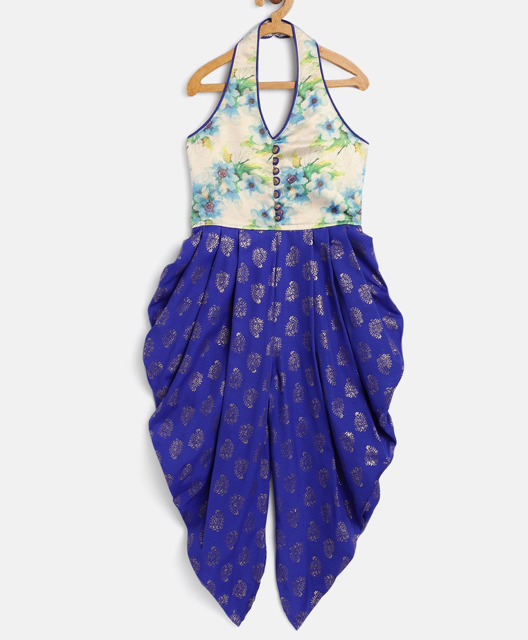 Twisha Sleeveless Vintage Floral & Damask Motif Foil Printed Ethnic Jumpsuit - White & Blue-image-23