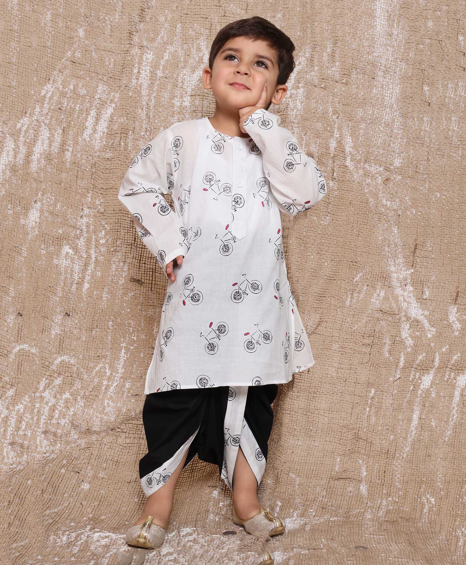AJ Dezines Pure Cotton Full Sleeves Cycle Printed Kurta With Coordinating Lace Embellished Dhoti - Black-picture-5