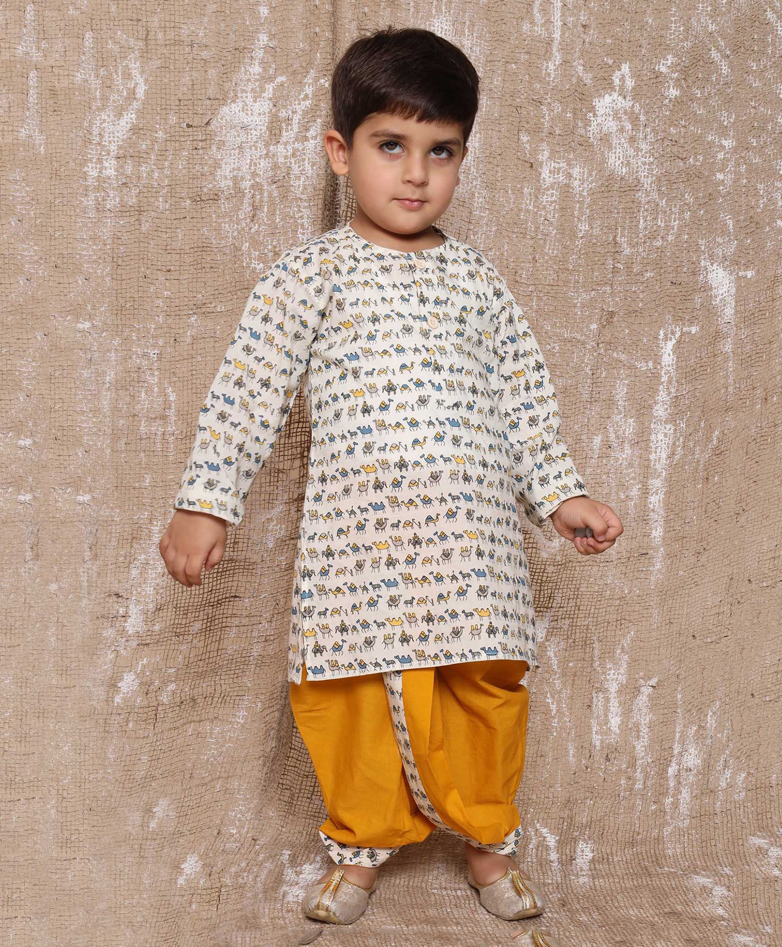 AJ Dezines  Pure Cotton Full Sleeves Animal Printed   Kurta With Coordinating lace Embellished Dhoti Set - Yellow-picture-27