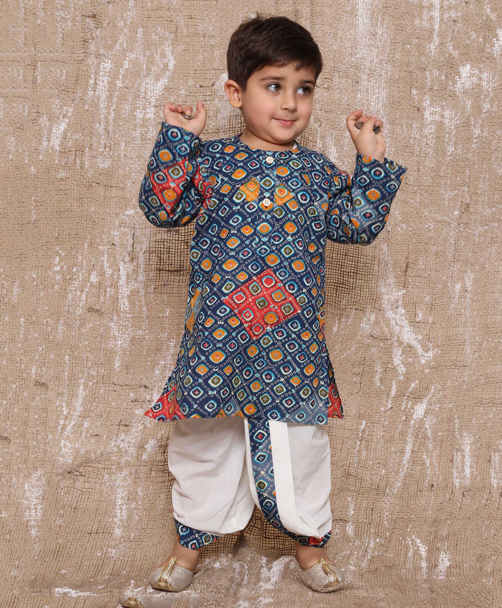 AJ Dezines Pure Cotton Full Sleeves Bandhej Blocked Design Printed Kurta With Coordinating Lace Embellished Dhoti Set - Blue-picture-41