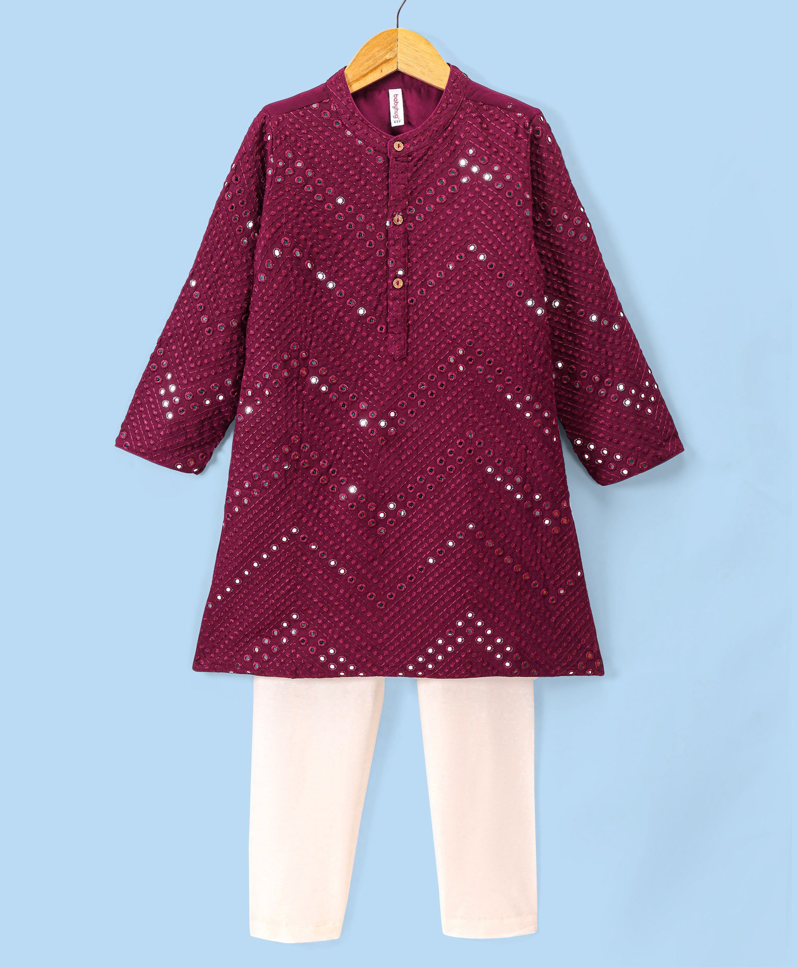 Babyhug Full Sleeves Mirror Embroidered Kurta with Solid Pyjama Set  - Magenta-image-4