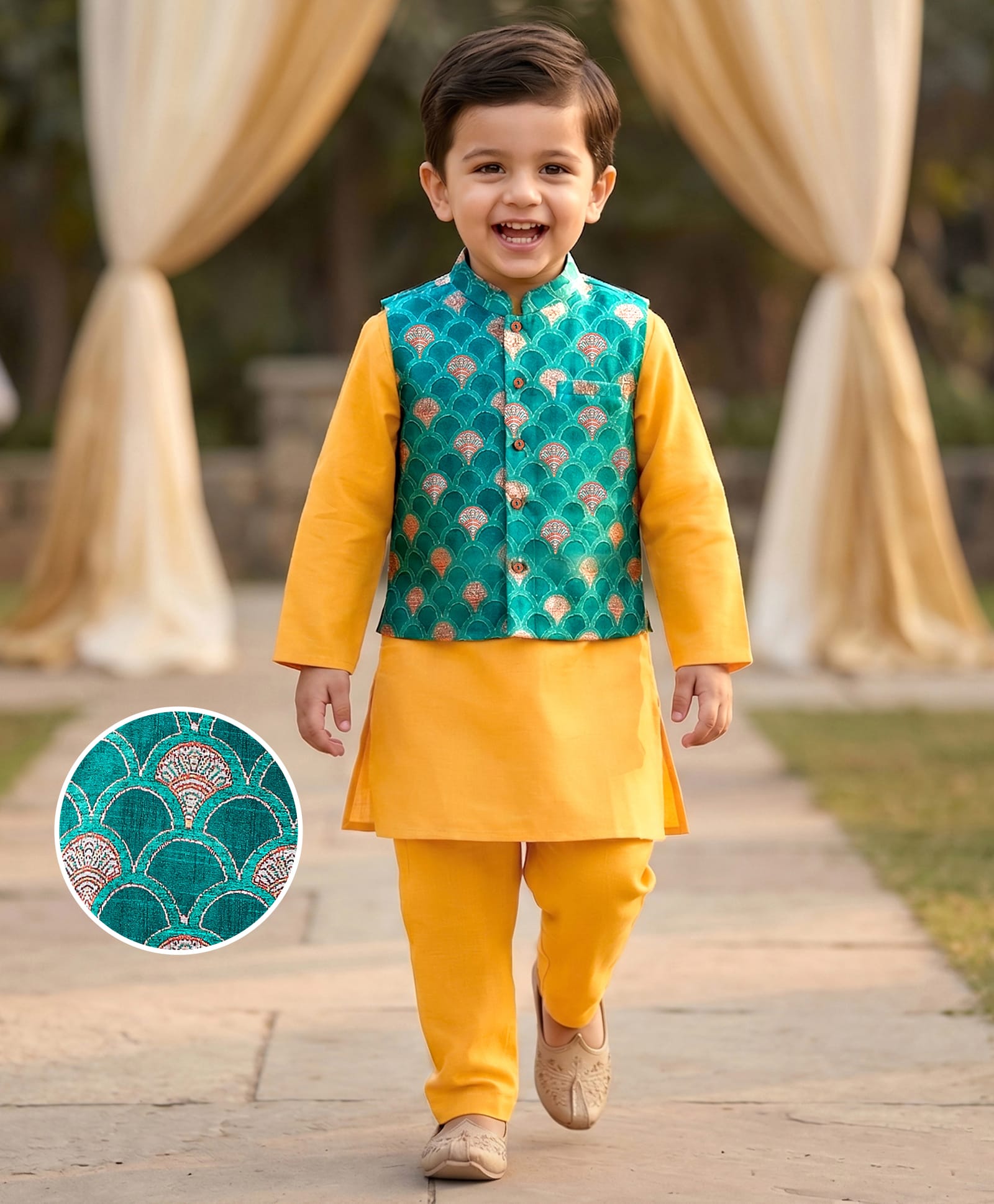 Babyhug Full Sleeves Solid Kurta Pyjama Set with Printed Jacket - Mustard-picture-13