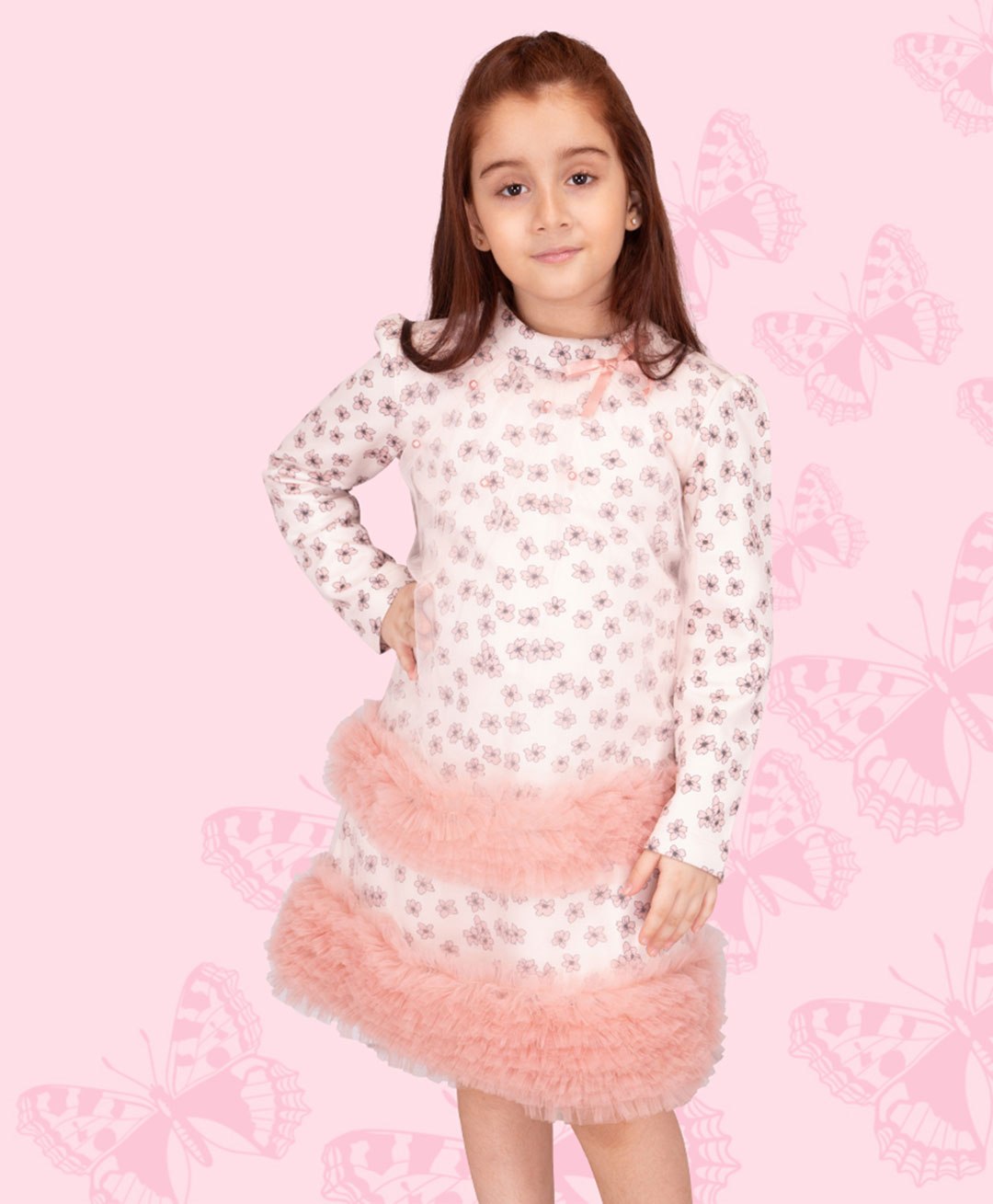 Cutecumber Full Sleeves Floral Printed & Ruffled Detailed Party Dress - Peach-image-19