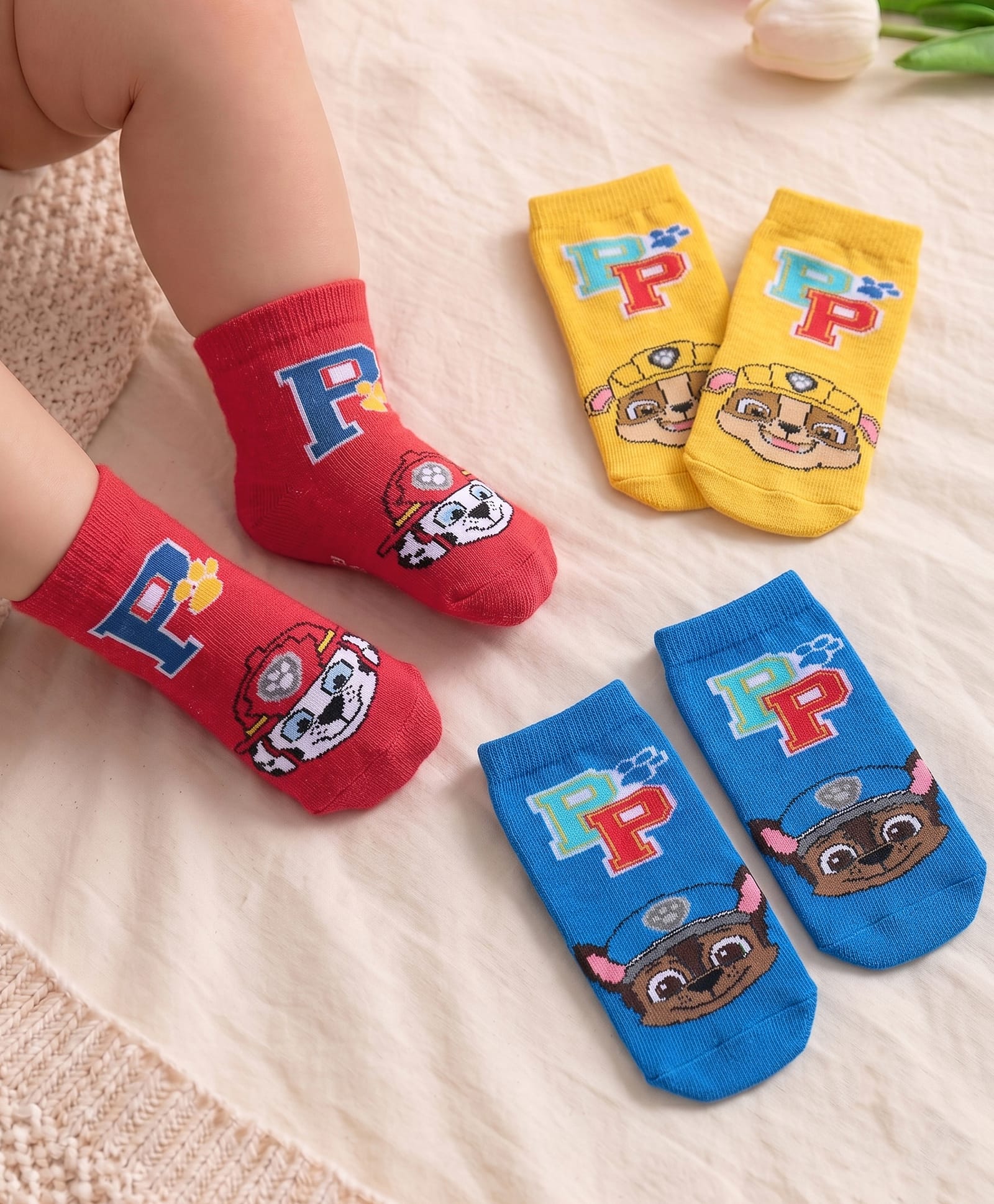 Cute Walk by Babyhug Cotton Blend Ankle Length Anti Bacterial Socks Paw Patrol Design Pack of 3 -  Yellow Red & Blue-image-8