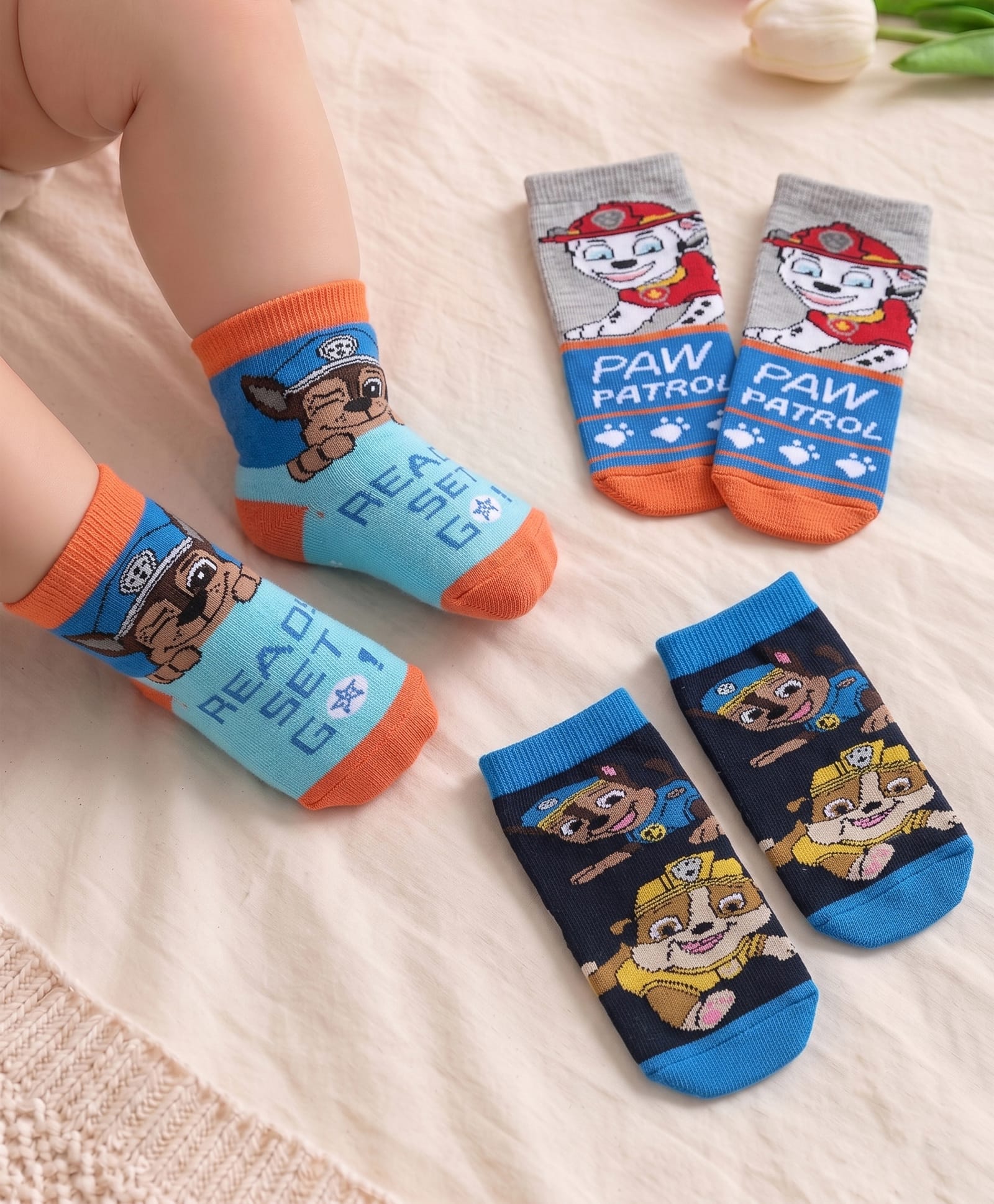 Cute Walk by Babyhug Cotton Blend Ankle Length Anti Bacterial Socks Paw Patrol Design Pack of 3 - Grey & Blue-image-26