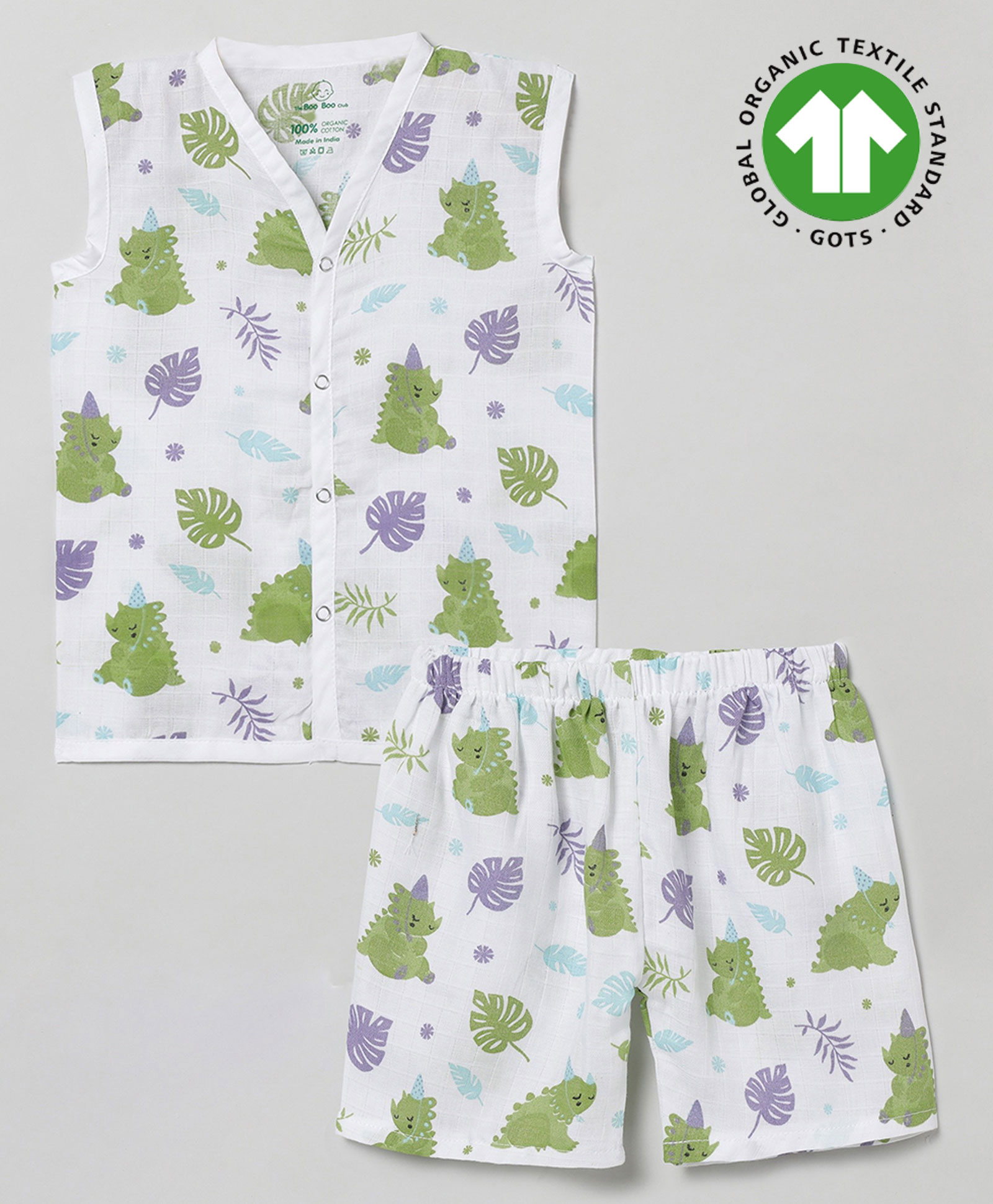 The Boo Boo Club 100% Muslin Organic Cotton Sleeveless Leaves Printed  Jhabla & Coordinating  Short Set - White-image-10
