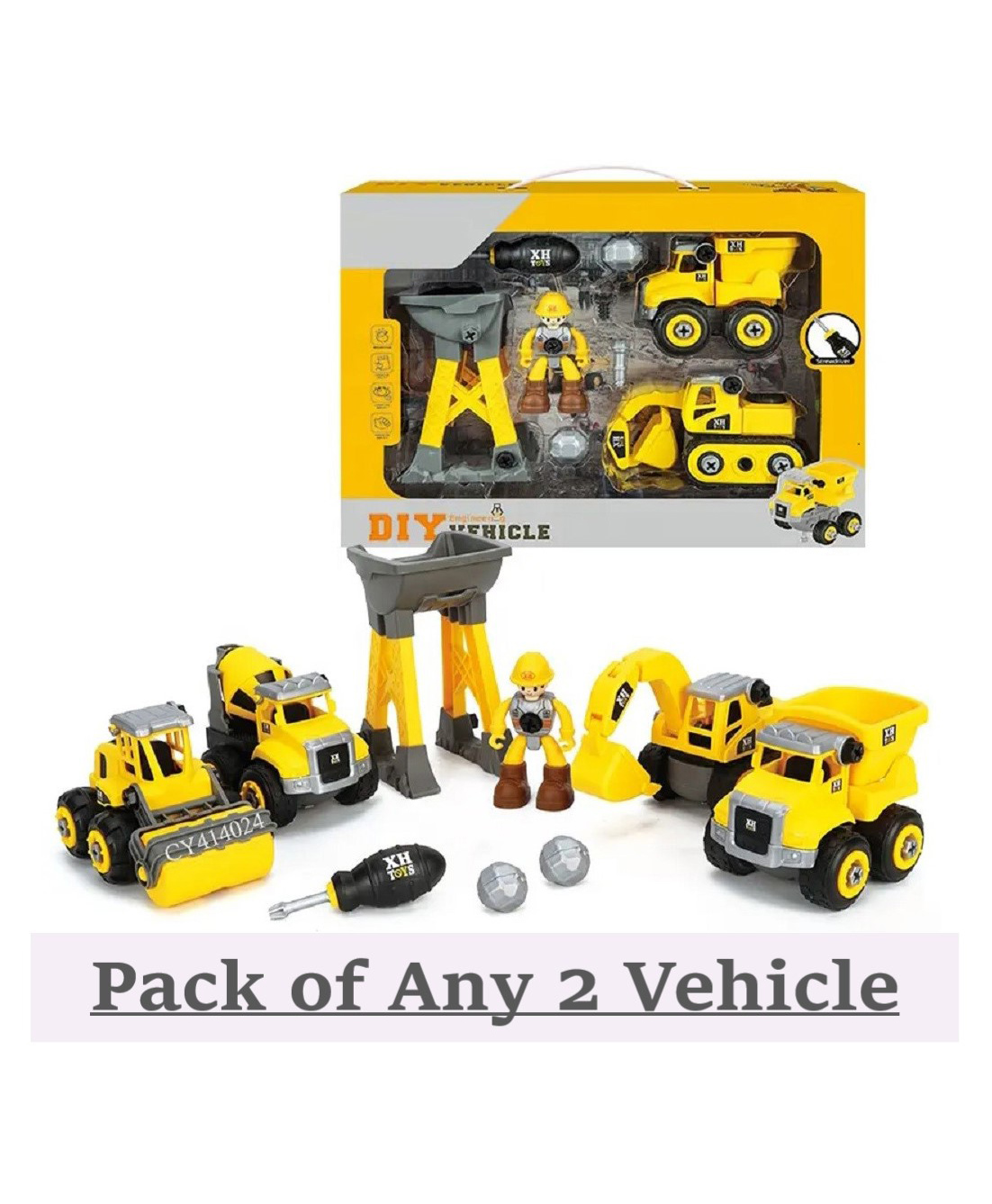 ADKD DIY Activity Construction Vehicle Construction Toys Trucks Play Set of 2 Vehicles and 5 Accessories - Yellow-picture-1