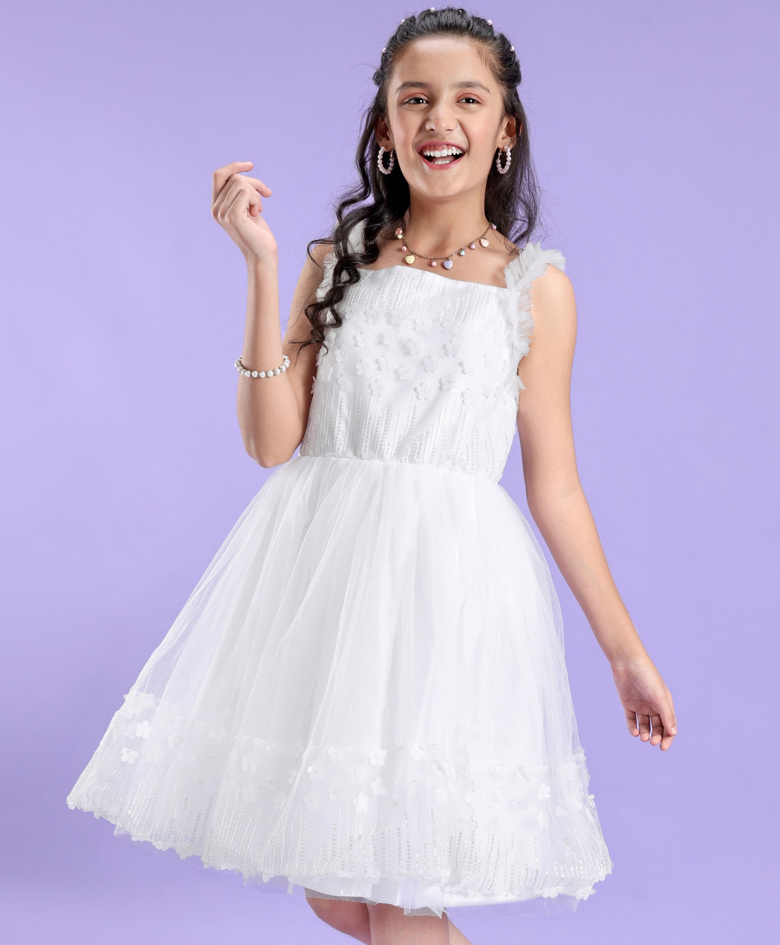 Pine Kids Sleeveless Floral Embellished Knee Length Partywear Dress - White-image-29