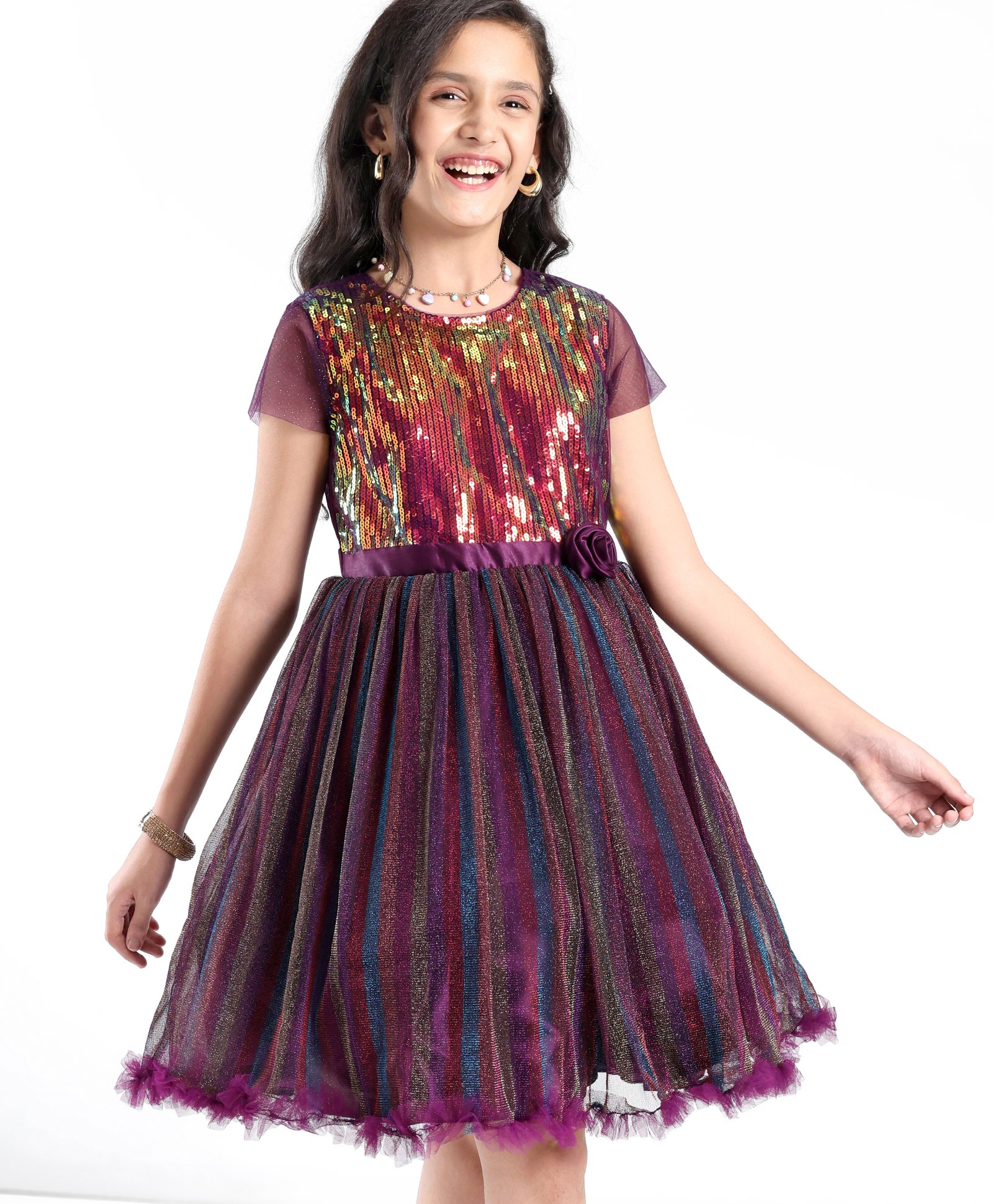 Pine Kids Half Sleeves Party Wear Frock with Sequin Detailing- Wine-image-43