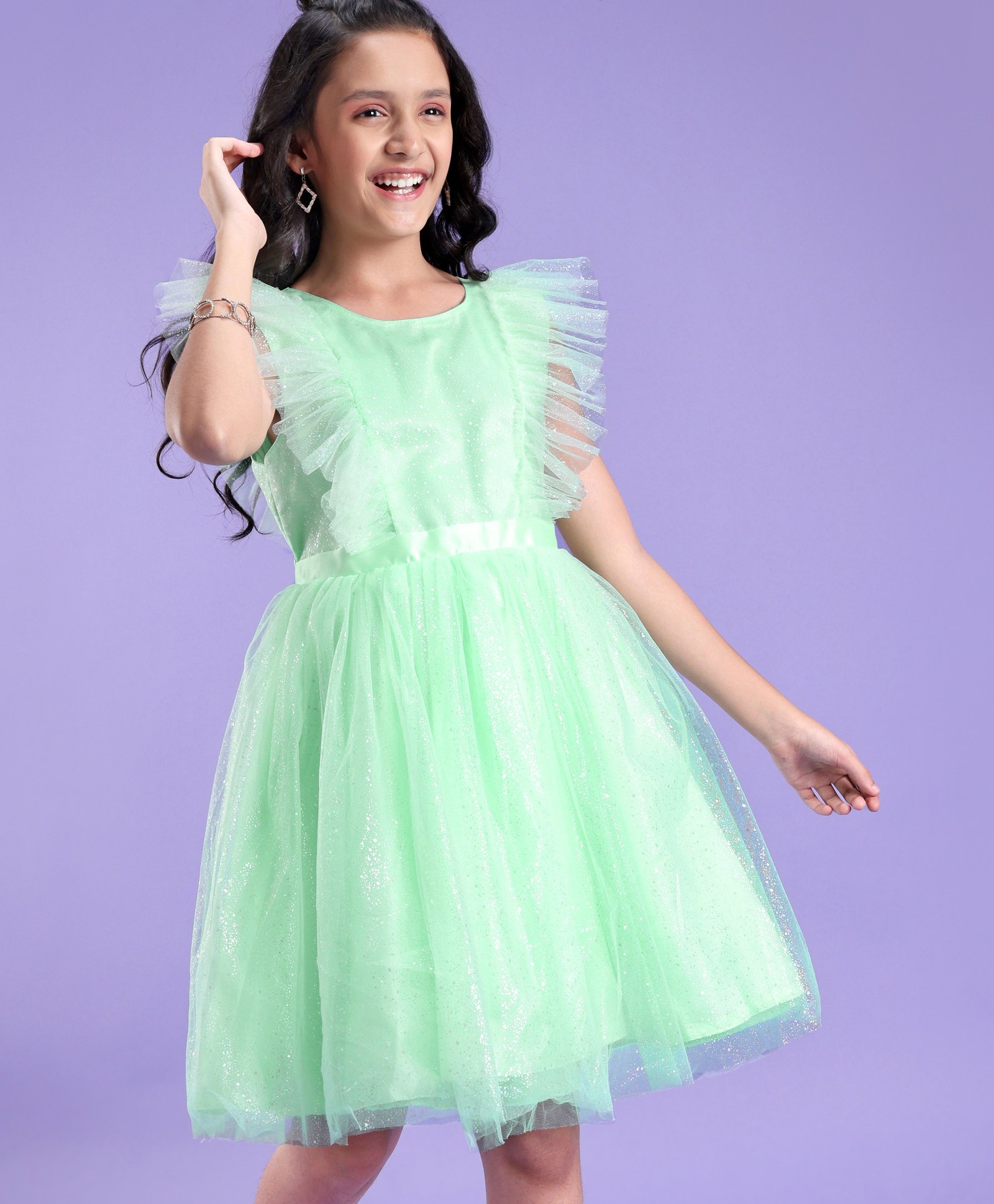 Pine Kids Cap Sleeves Glitter Printed Partywear Dress- Mint-image-24