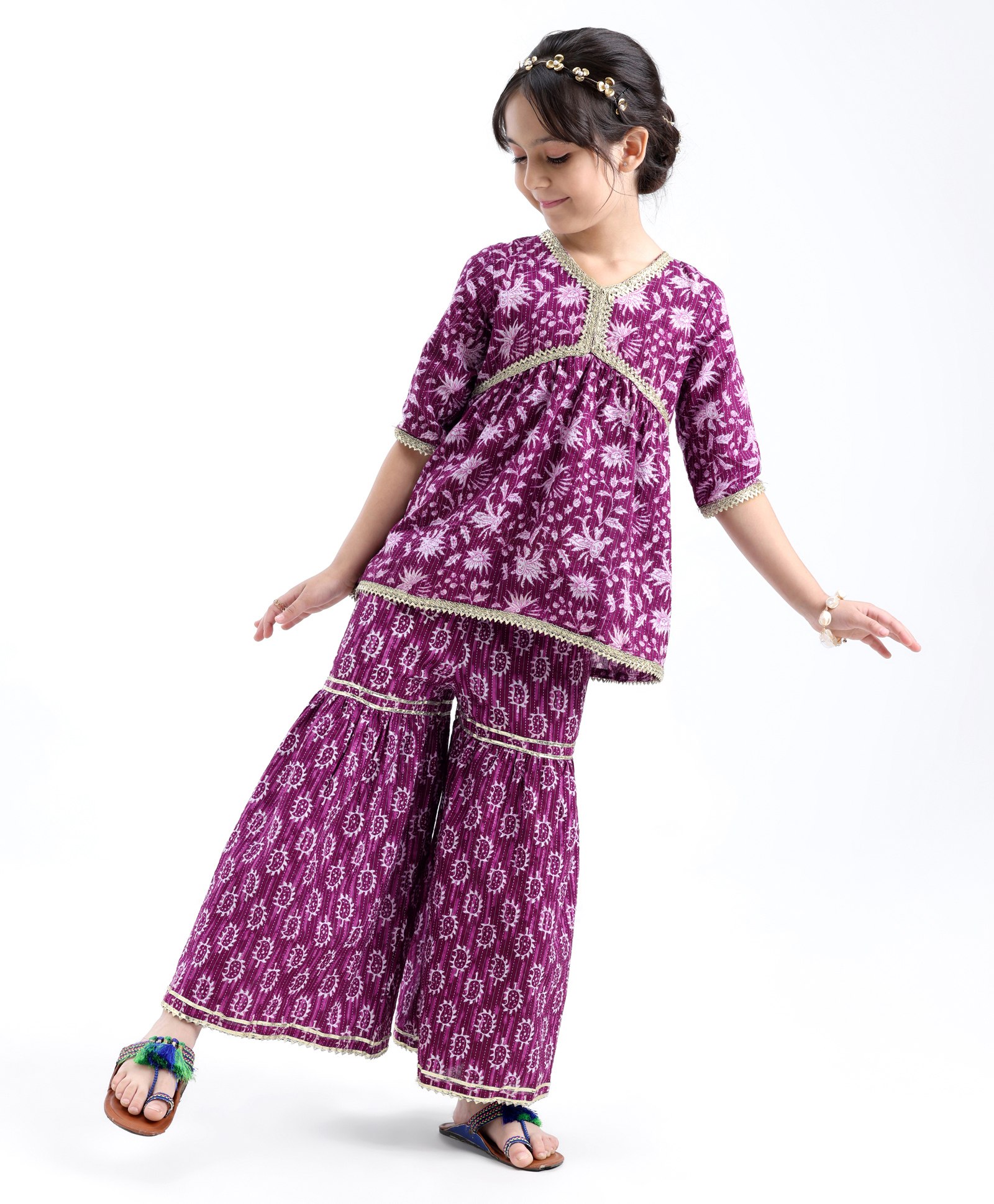 Teentaare Cotton Woven Three Fourth Sleeves Kurta & Churidar With Floral Print - Purple-image-36