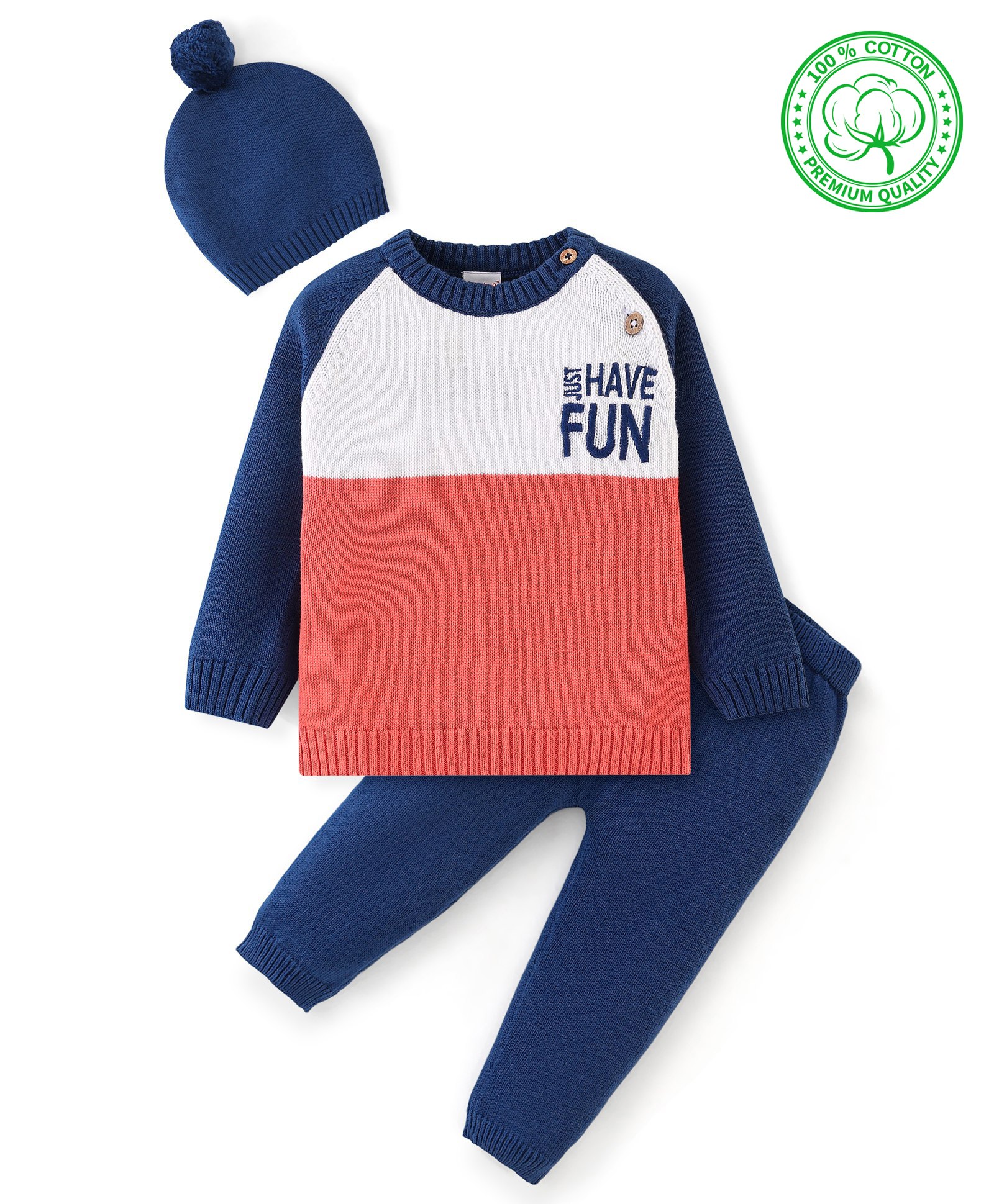 Babyhug Full Sleeves Sweater Set with Cap Colour Block & Text Design - Multicolour-image-45