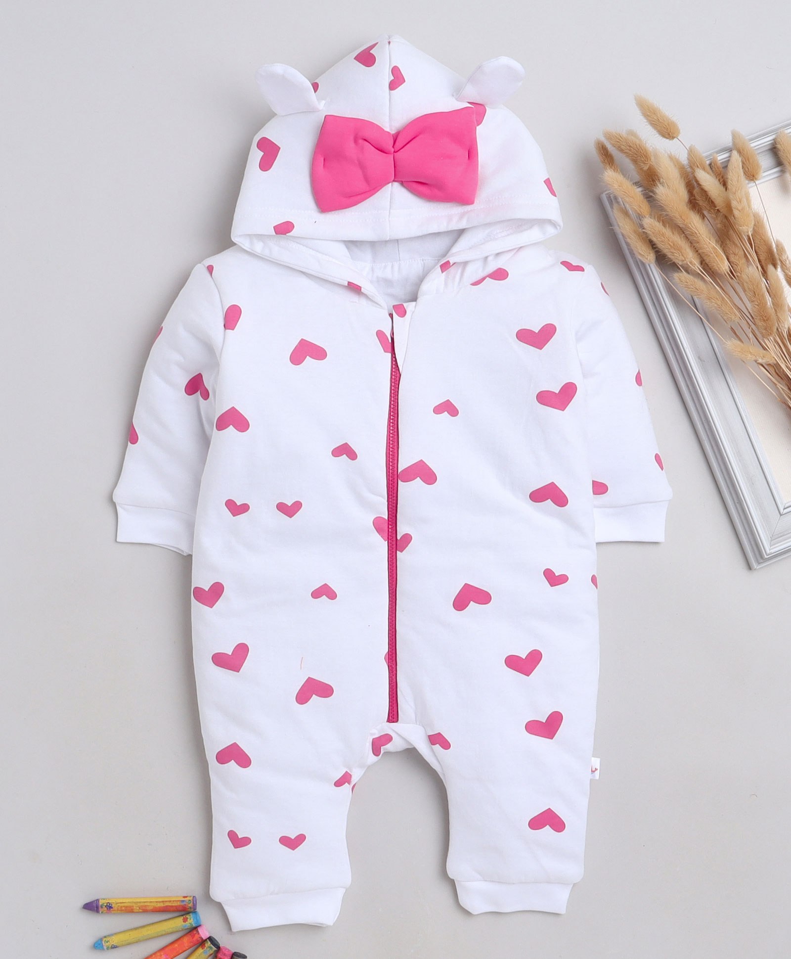 BUMZEE Full Sleeves Heart Printed & Bow Embellished Hooded Style Romper - White & Pink-picture-23