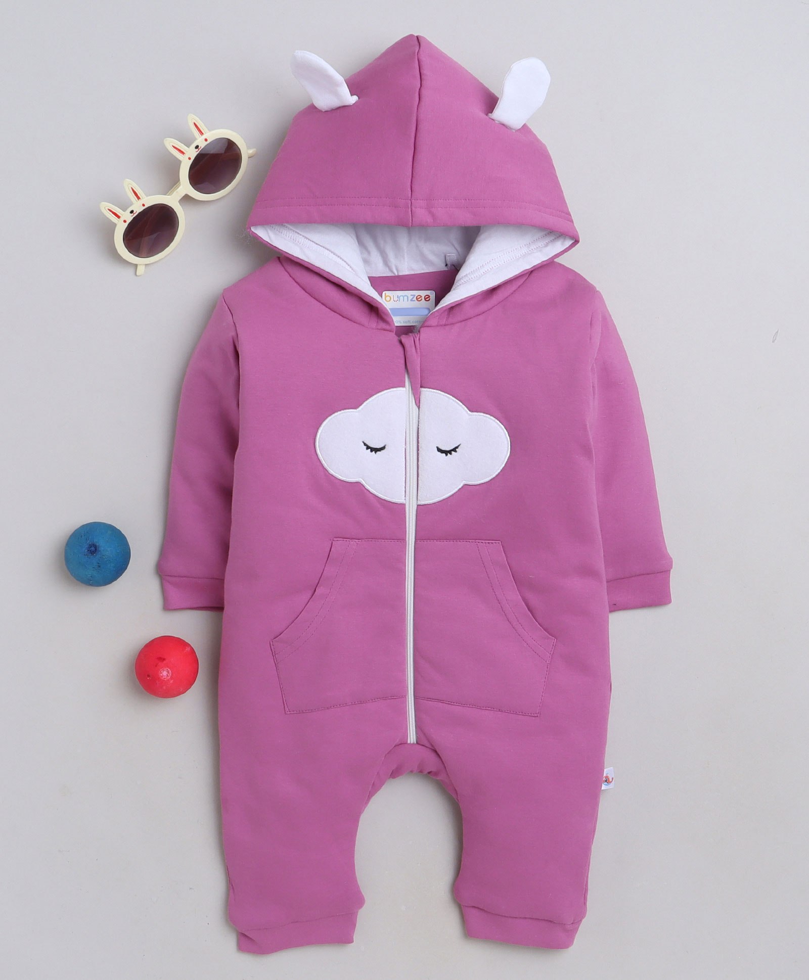 BUMZEE Full Sleeves Clould Embroidered Hooded Romper  - Mauve Purple-image-37