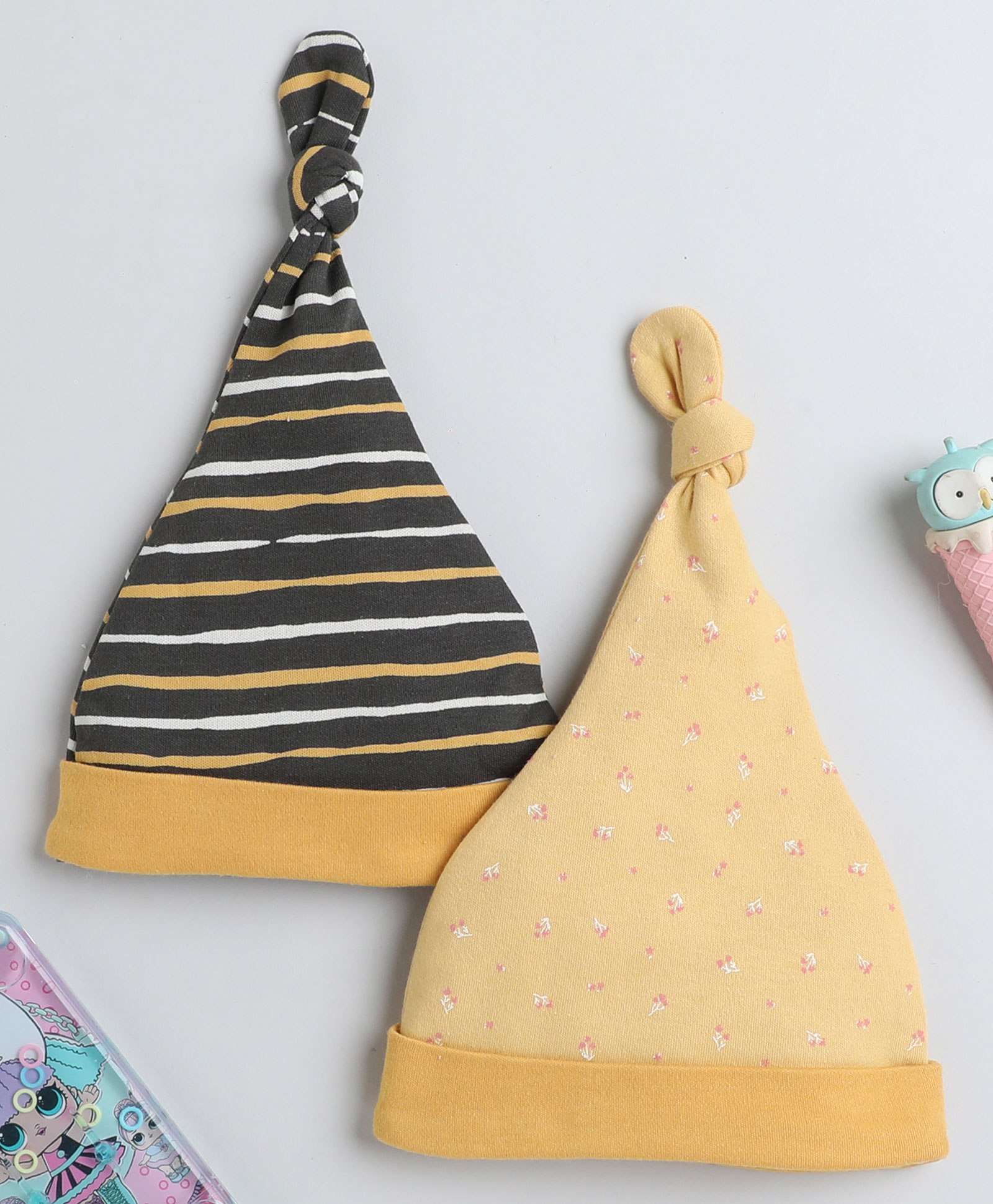 BUMZEE Pack Of 2 Striped And Floral Printed Knotted Cap - Mustard Yellow & Grey-picture-23
