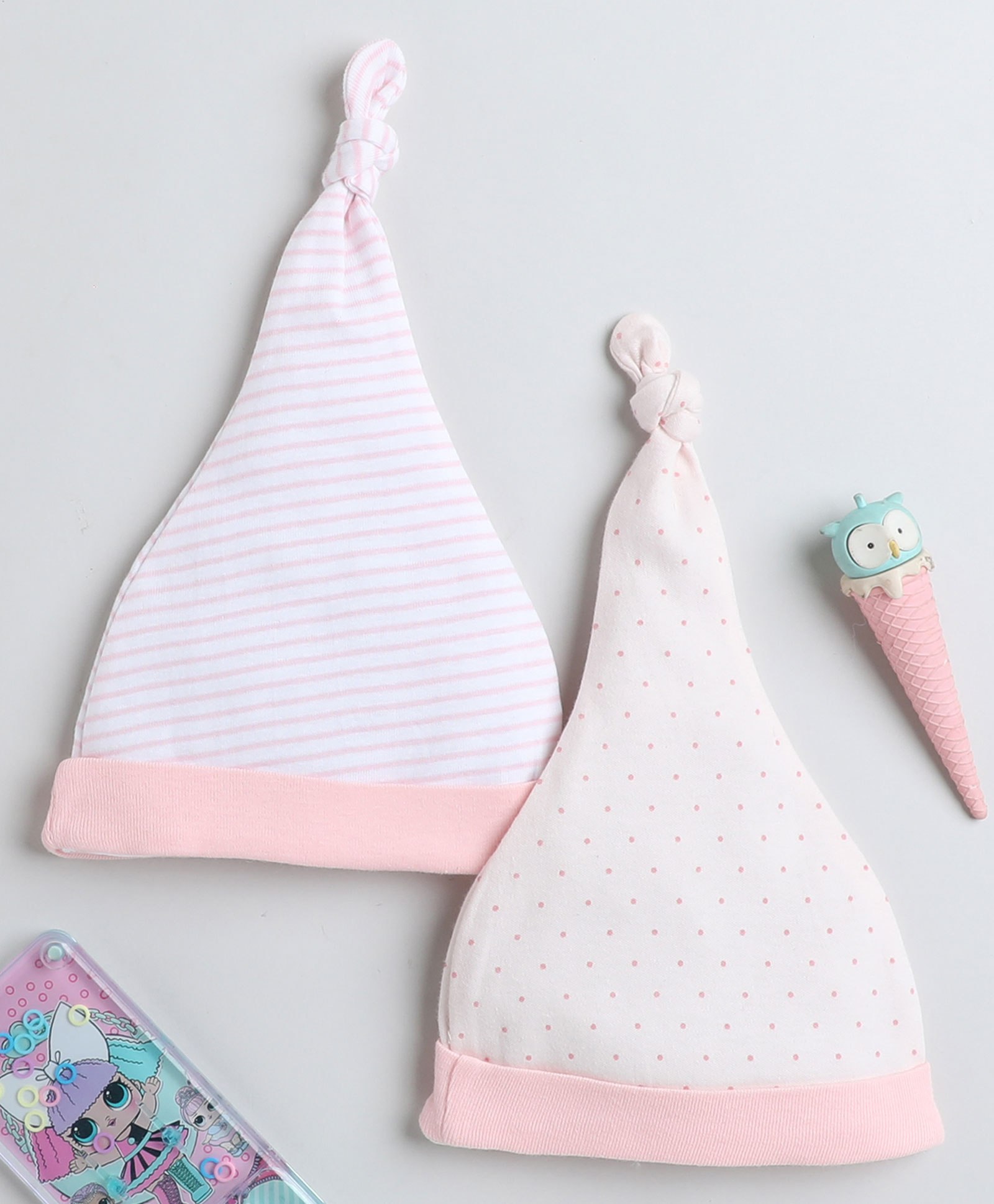BUMZEE Pack Of 2 Striped And Polka Dot Printed Knotted Cap - Baby Pink-image-40
