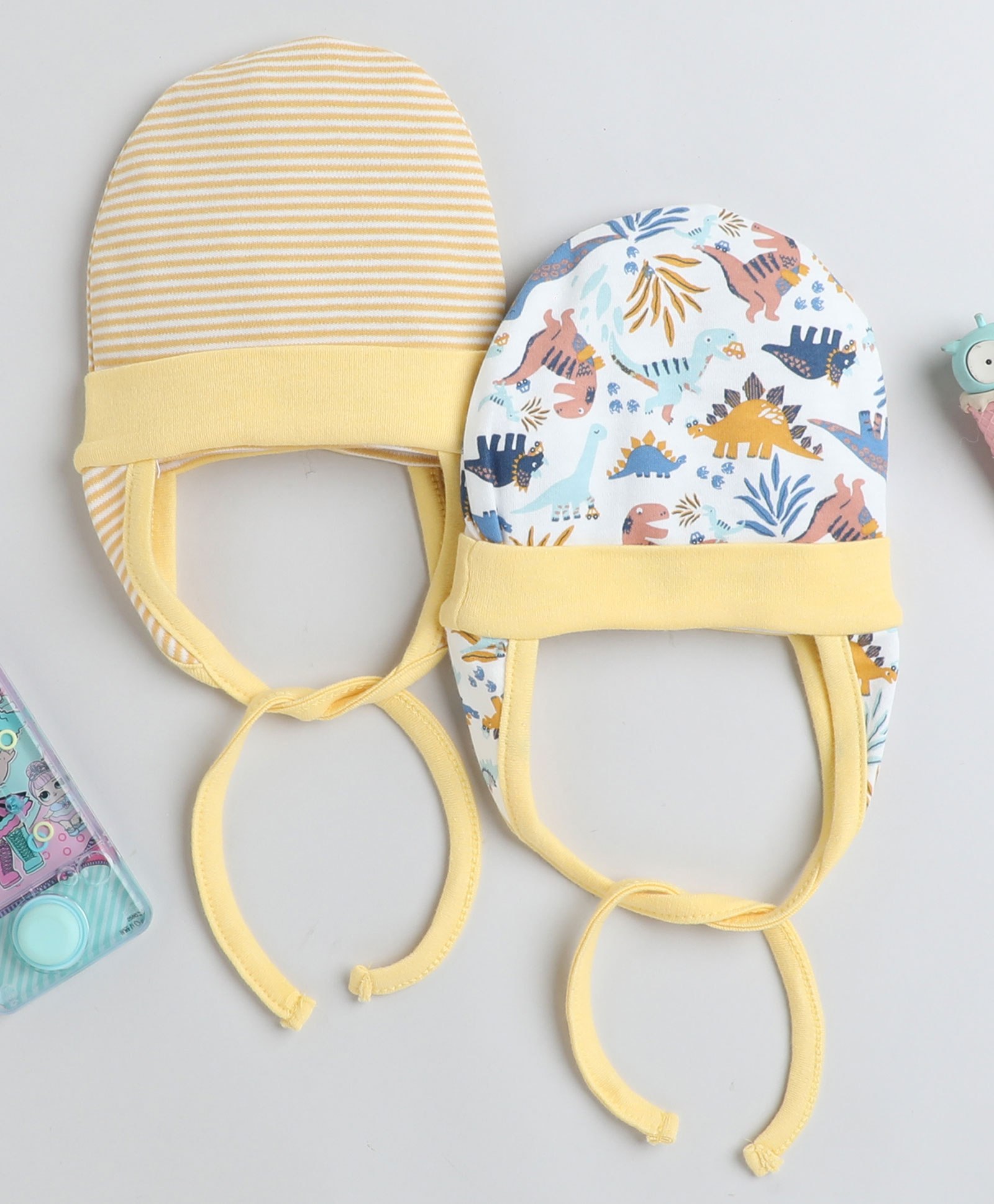 BUMZEE Pack Of 2 Striped & Dinosaur Printed Ear Flap Cap - Yellow & White-picture-41