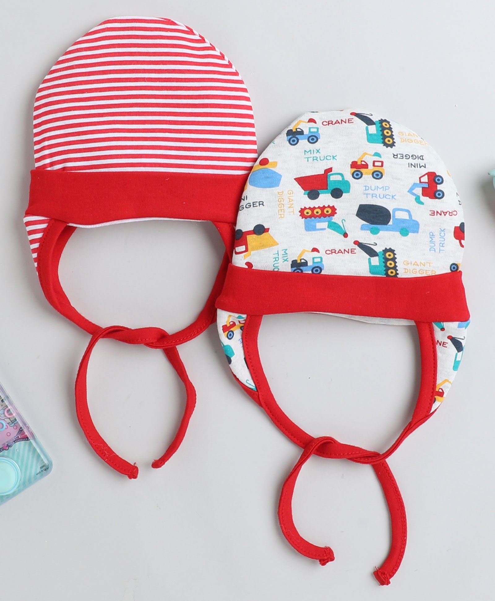 BUMZEE Pack Of 2 Striped & Vehicle Printed Ear Flap Cap - Red & White-picture-35