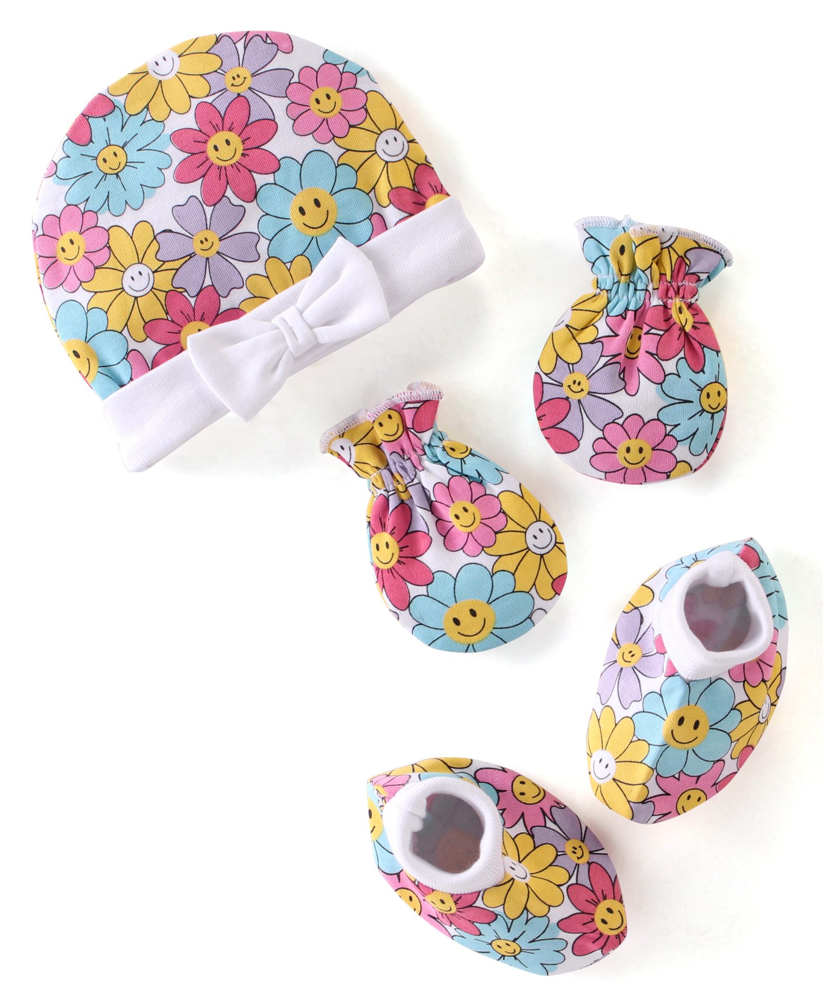 Babyhug 100% Cotton Knit Floral Print Cap Mittens & Booties - Multicolor-image-47