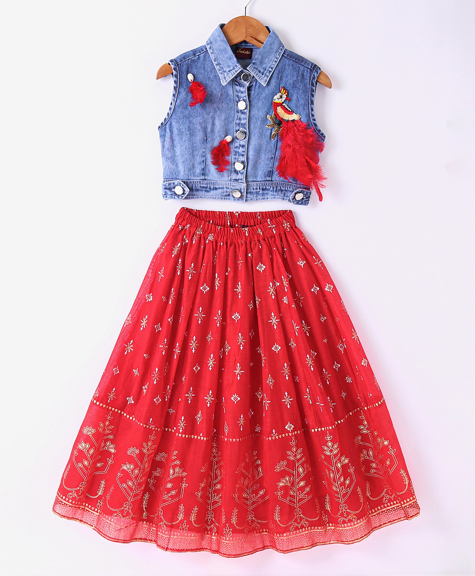 Twisha Sleeveless Sequin Bird Embellished Denim Top With Ethnic Foil Printed Ghagra - Blue & Red-image-31