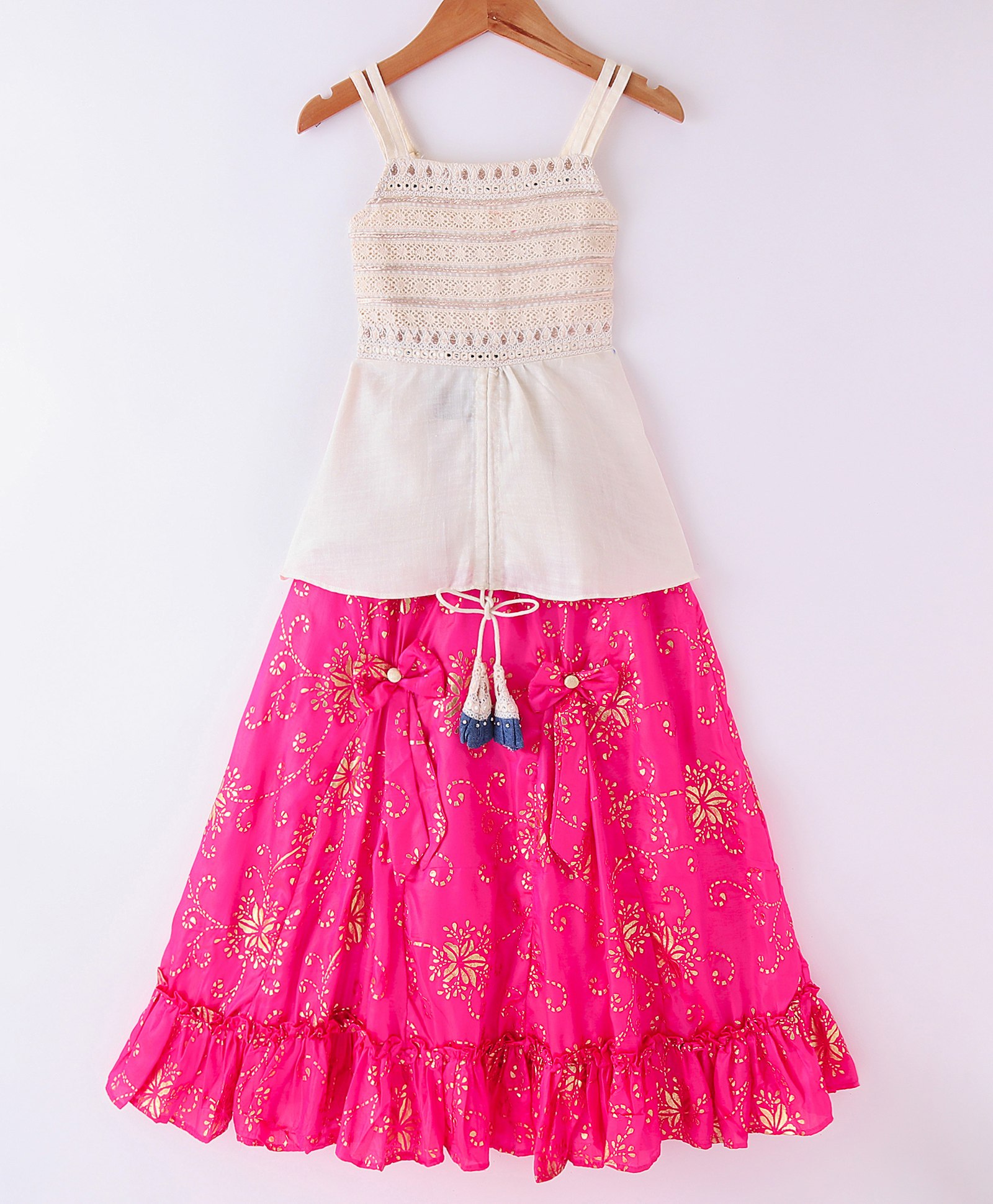 Twisha Sleeveless Lace  Embellished Top With Floral Foil Printed Ghagra  -  Off White & Pink-image-48