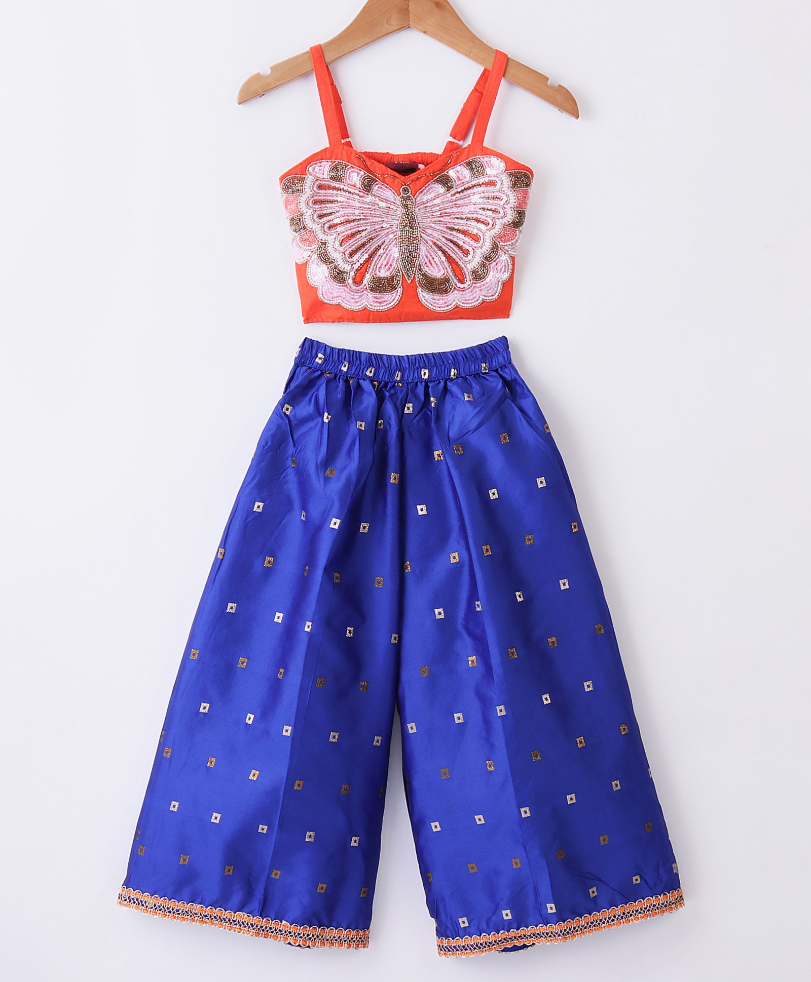 Twisha Sleeveless Beaded Butterfly Embroidered  Crop Top With Self Designed Palazzo - Orange & Blue-image-33