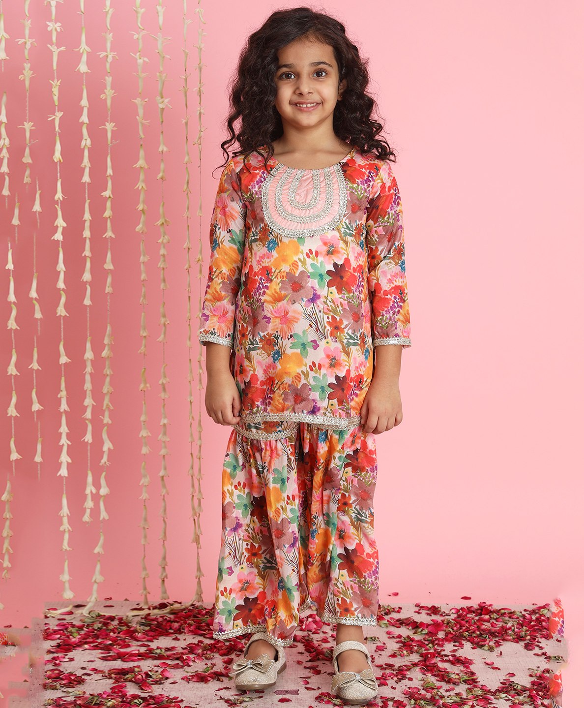 READIPRINT Three Fourth Sleeves Water Colour Effect Floral Printed & Gota Lace Embellished Kurta & Sharara - Orange-picture-23