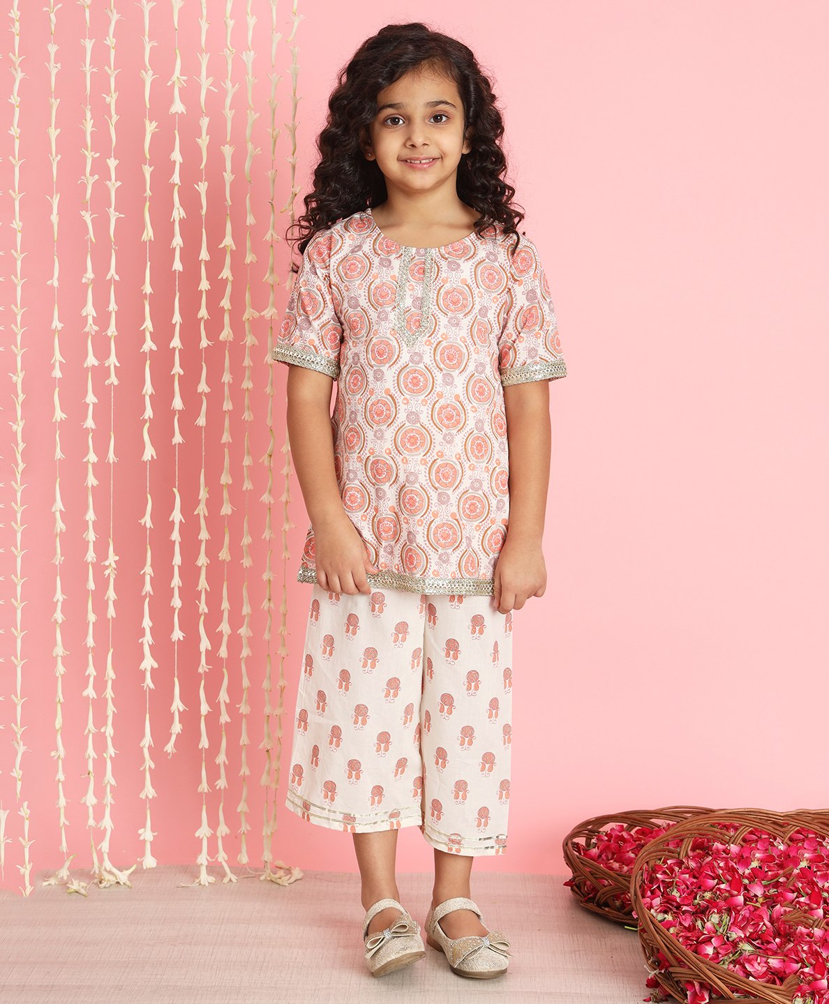 READIPRINT Half Sleeves Intricate Floral & Paisley Design Printed With Gota Lace Embellished Kurta & Palazzo - Cream-picture-27