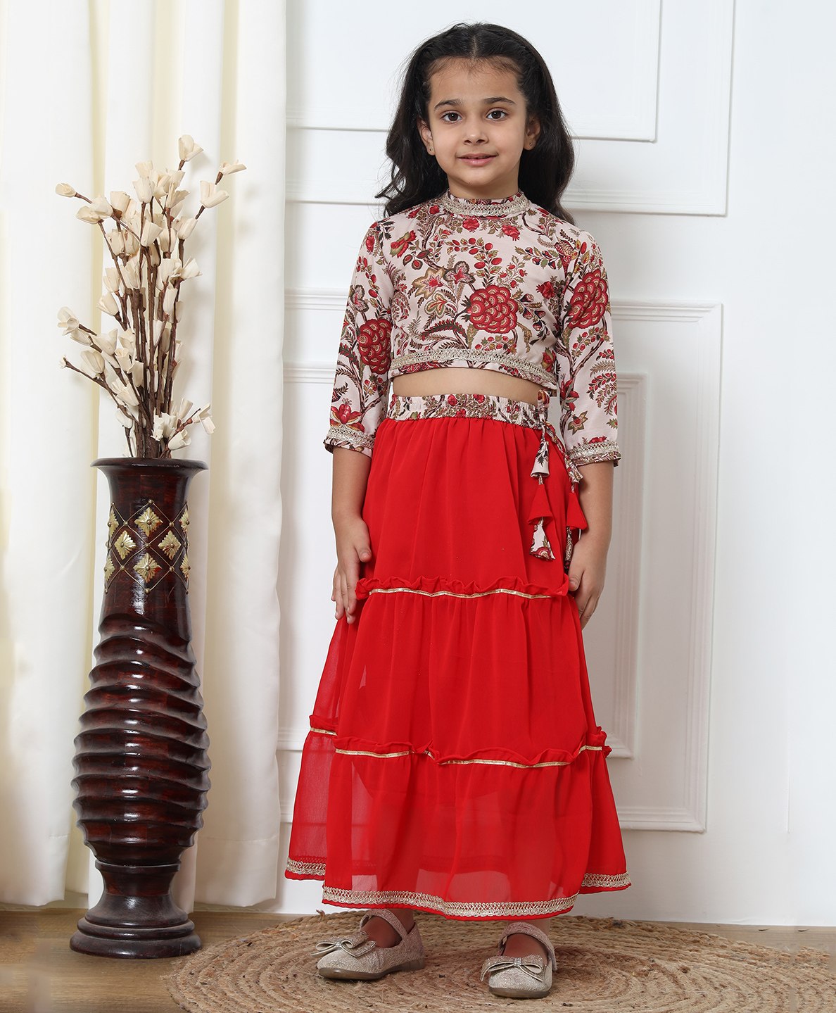 READIPRINT Three Fourth  Sleeves Floral & Leaf Motif  Gota Lace Embellished  Choli With Tiered Lehenga - Beige & Red-image-34