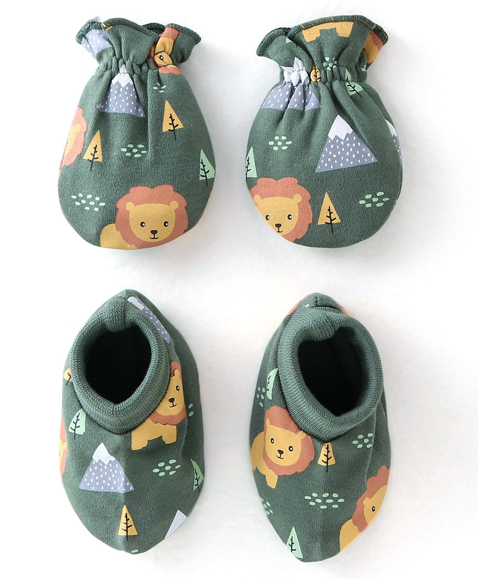 Babyhug Cotton Interlock Knit Mittens and Booties Lion Print - Green-image-40