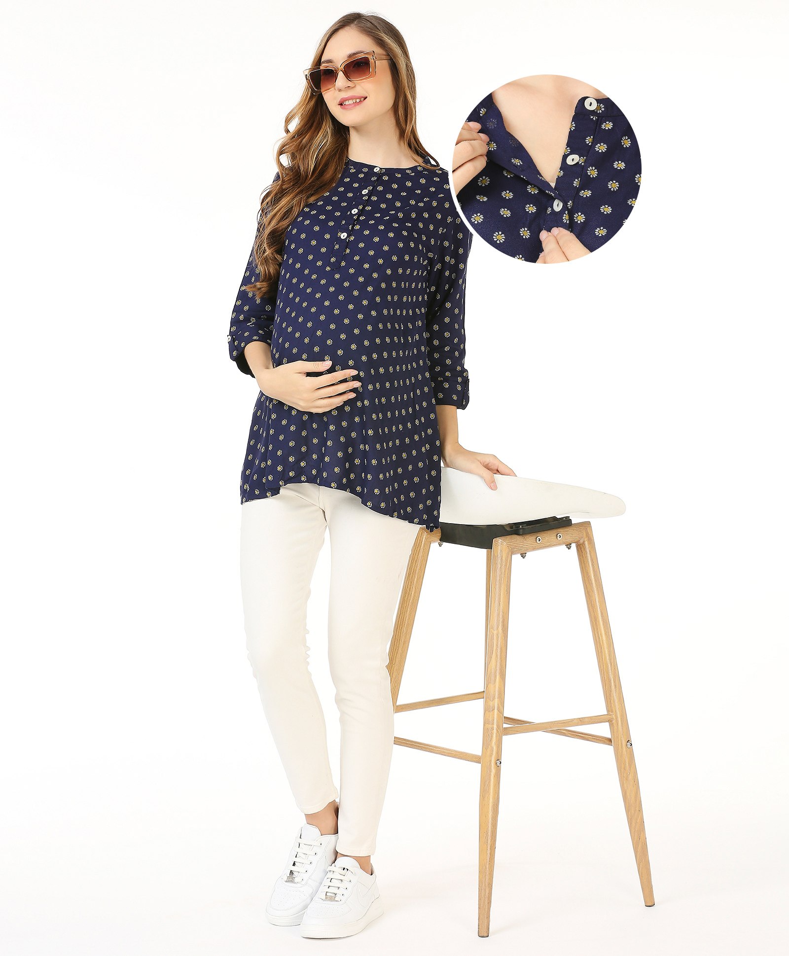 Bella Mama Viscose Three Forth Sleeves Maternity Top With Pocket Floral Print - Navy Blue-image-15