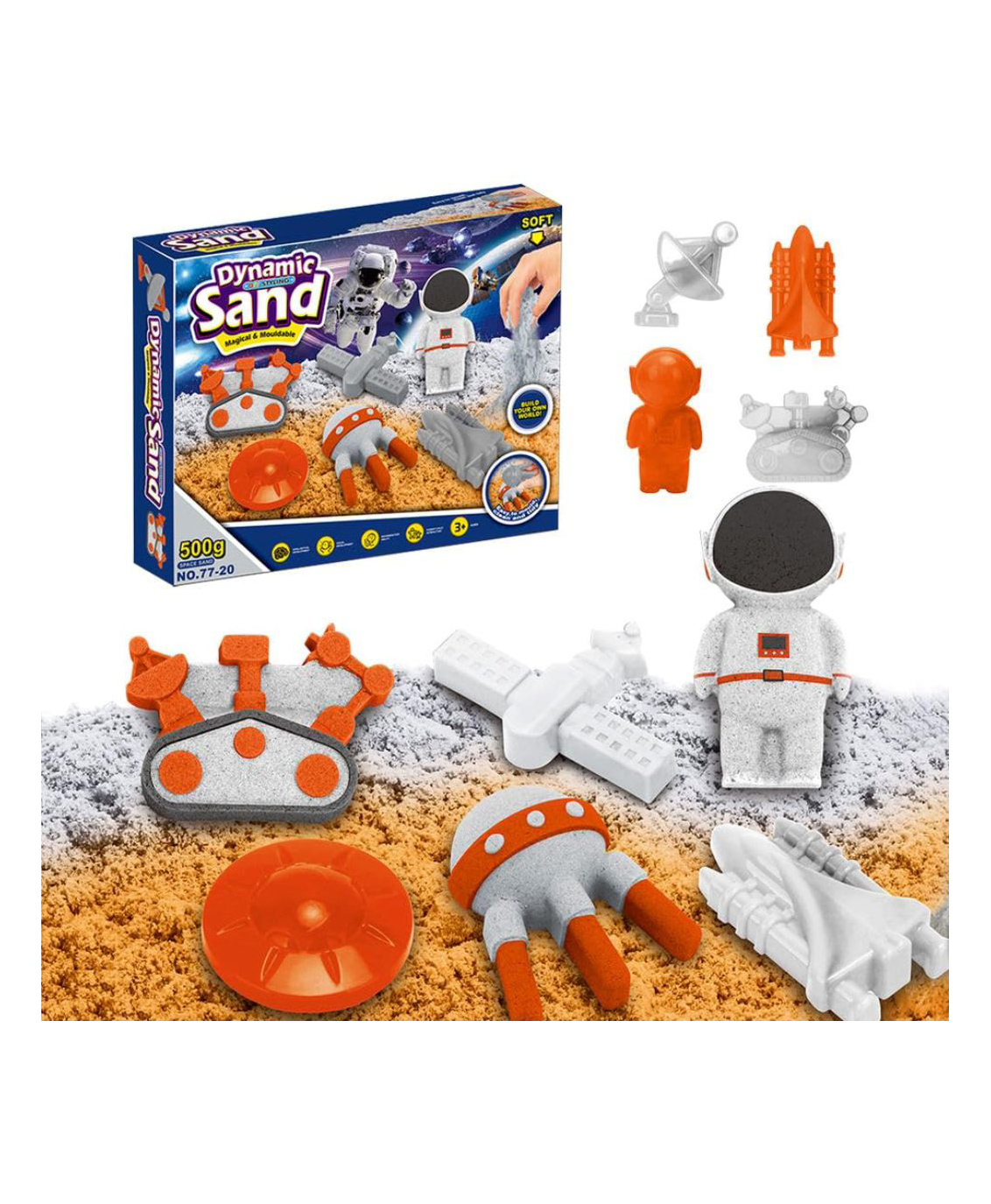 KolorFish Sand Toys for Toddlers Space Play Sand Kit Includes 500g Sand 8 Space Sand Molds Tray 5 Modeling Tools and Accessories for Boys and Girls- Multicolor-image-20