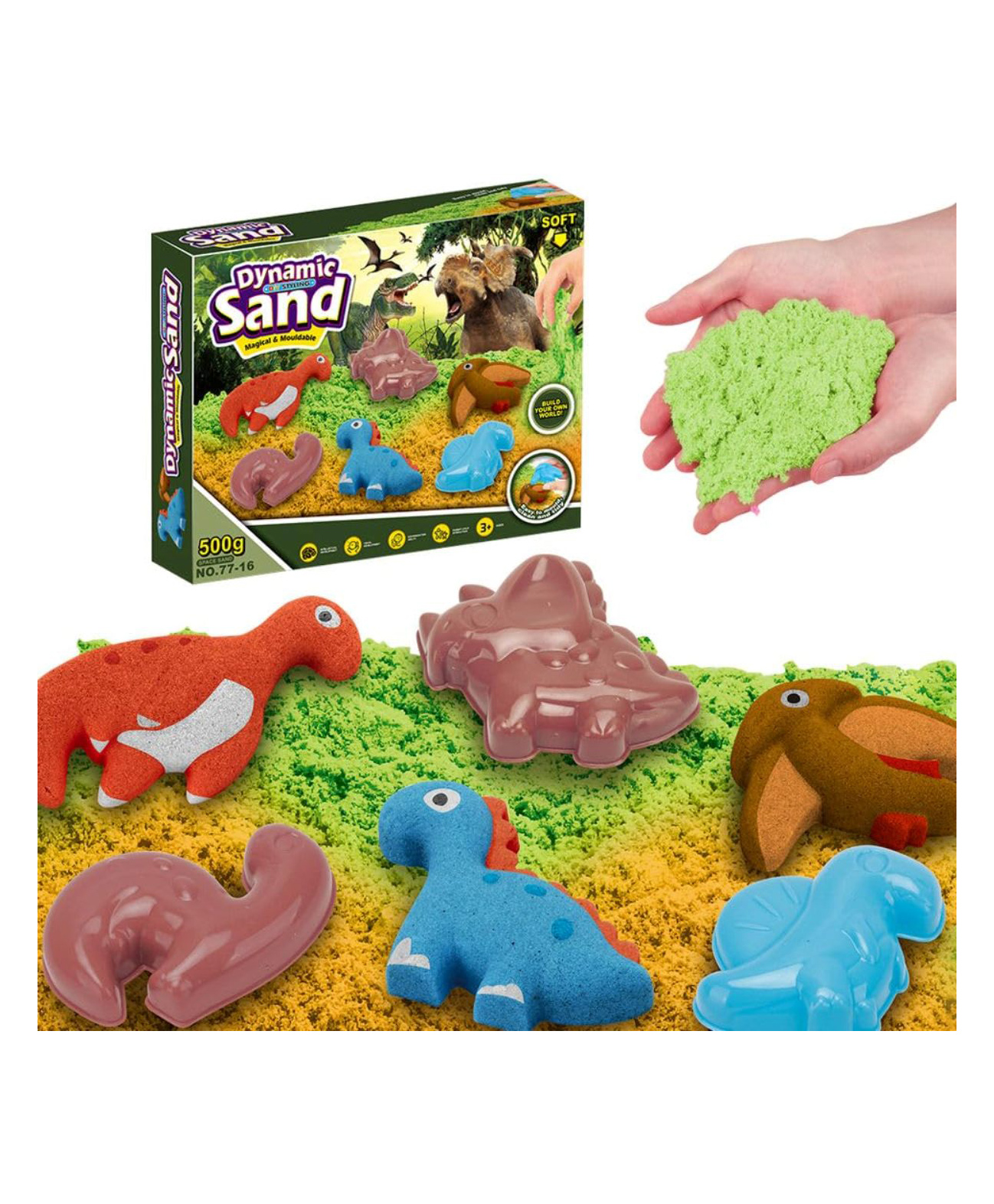 KolorFish Sand Toys for Toddlers Dinosaur Play Sand Kit Includes 500g Sand 8 Dinosaur Sand Molds Tray 5 Modeling Tools and Accessories for Boys and Girls- Multicolor